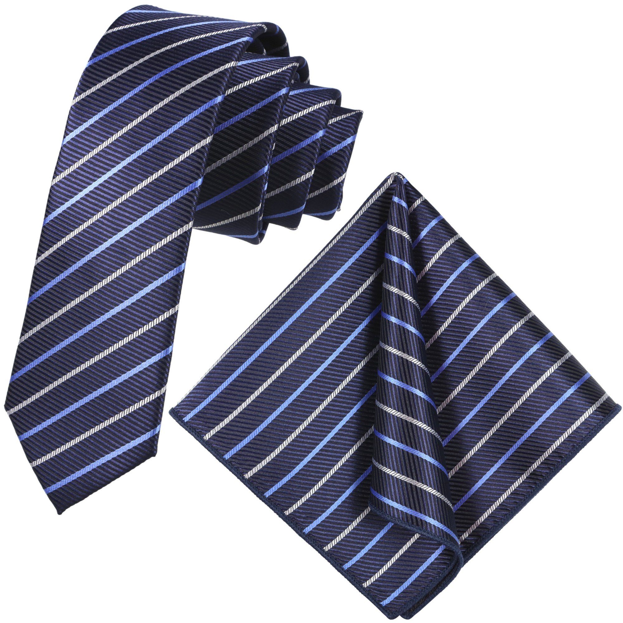 GASSANI Krawatte Slim Dunkel-Blau Satin Business Herren-Krawatte Stahlblau Dunkles Himmelblau Dünn) Krawattenset, Slim Brillantblau Streifenkrawatte Blau Tie, Hell-Blau Sakko, Schlips Seide-Touch Gestreift Weiss 2-St., zum Hochzeit Fit, Gemustert, Schmal, Nachtblau (Set, Jacquard Einstecktuch, Navy-Blau Festlich