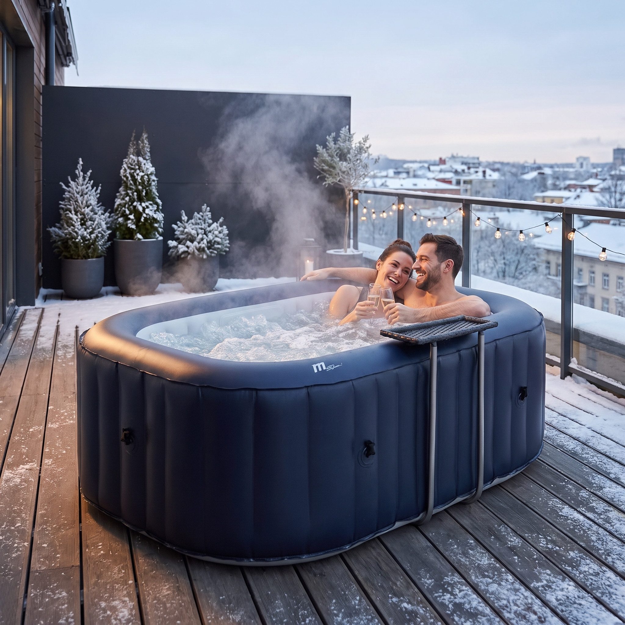 mSpa Whirlpool aufblasbar Urban Nest U-NE021 für 2 Personen mit Rattan-Tisch, aufblasbares Aufstellbecken, (Outdoor Indoor Luxus Garten Pool - inkl. Wärmeschutzabdeckung - UV-C Filter - 40 ° C Schnellheizsystem - Winterfest, Sitzpolster - 6-Schicht-PVC - LED Fernbedienung - Selbstaufblasbar), Pool Viereckig - Ozongenerator - 104 Luftdüsen