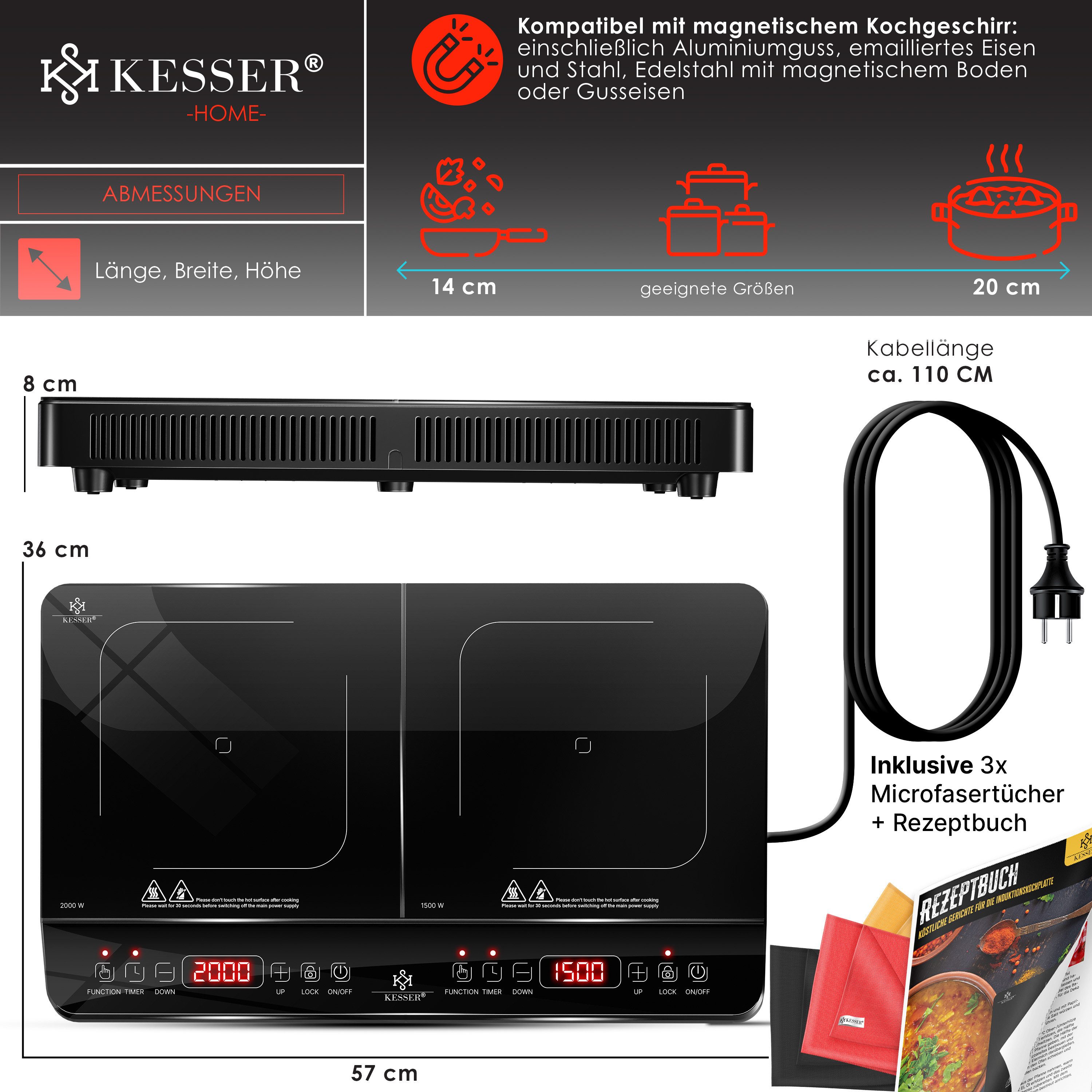 KESSER Einzelkochplatte Induktionskochplatte mit 8 Heizstufen 3x Mikrofasertücher & Rezeptbuch, tragbare Kochplatte 57cm mit Timer, Touch-Steuerung, Booster 220-240V