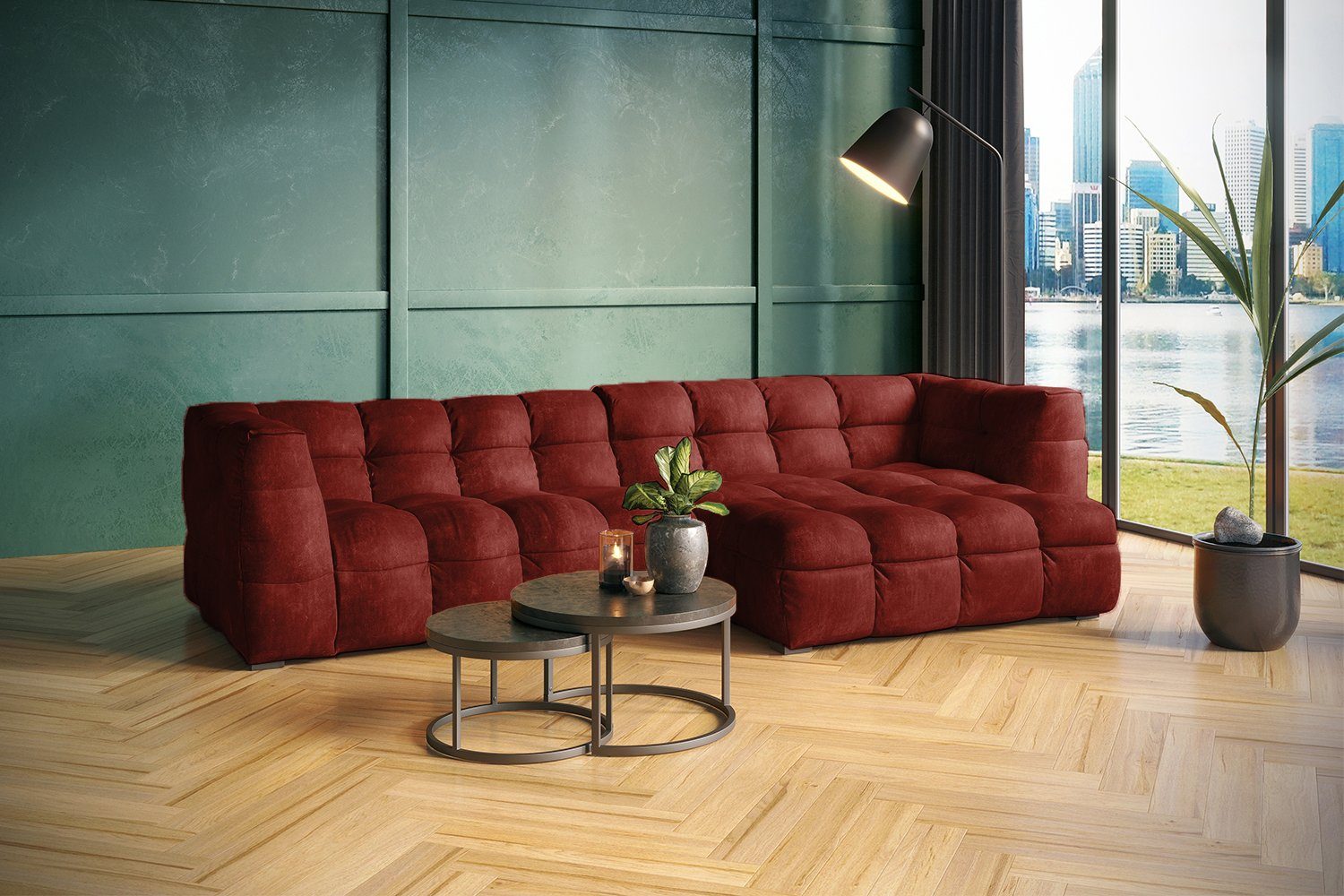 KAWOLA Ecksofa ROSARIO, Sofa Velvet Recamiere links o. rechts, versch. Farben bordeaux