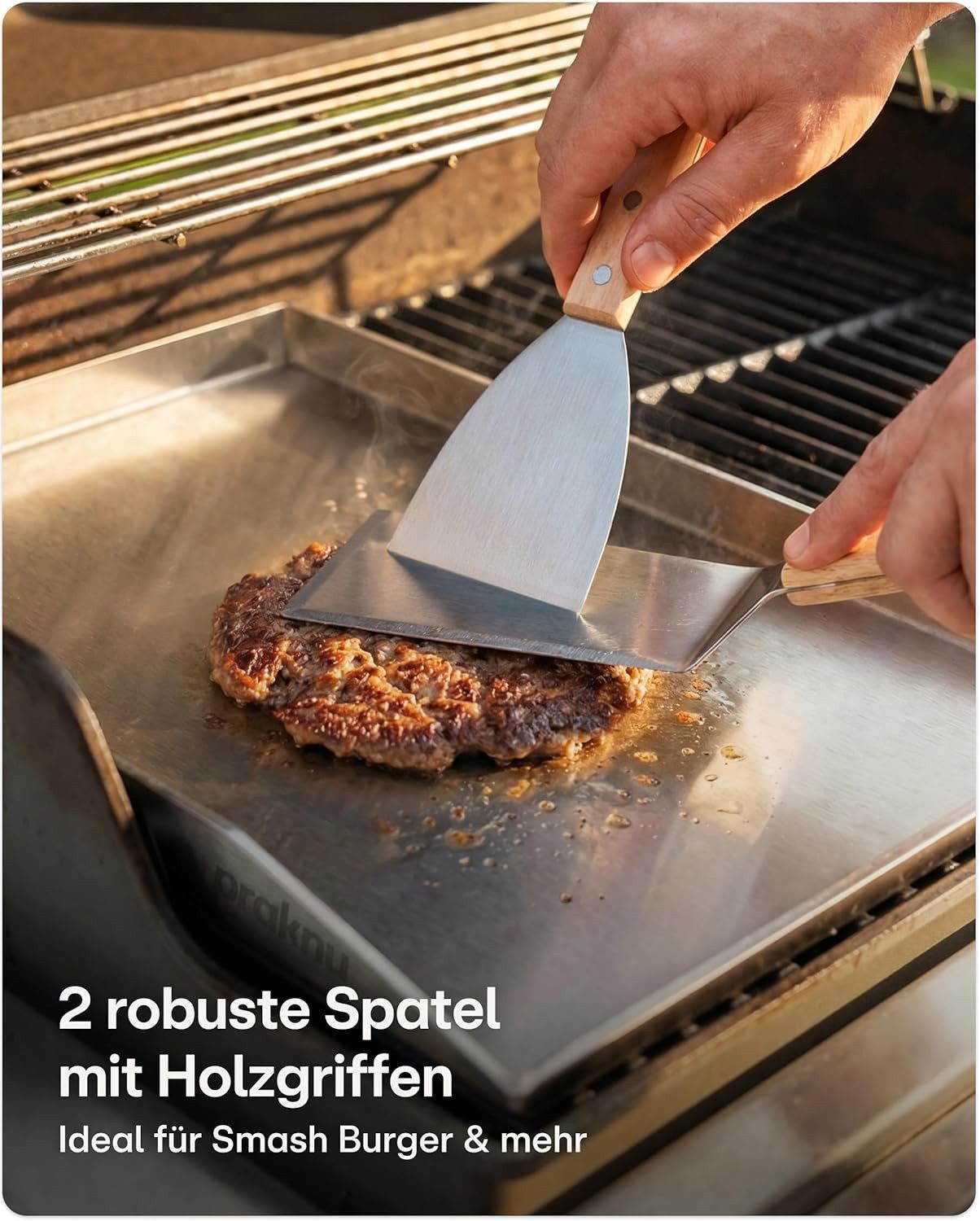 Praknu Grillplattenaufsatz Plancha Edelstahl 40x30cm – Teppanyaki, Fettablauf, 2 Grillspatel, Edelstahl, (Set mit Zubehör, Edelstahl-Plancha 40x30cm, 2 Spatel,  – Bild 5 von 5