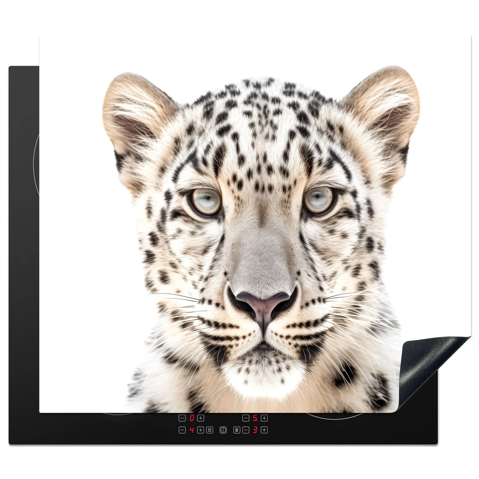 MuchoWow Herdblende-/Abdeckplatte Wildtiere - Leopard - Porträt - Weiß, Vinyl, (1 tlg), 60x52 cm, Mobile Arbeitsfläche nutzbar, Ceranfeldabdeckung