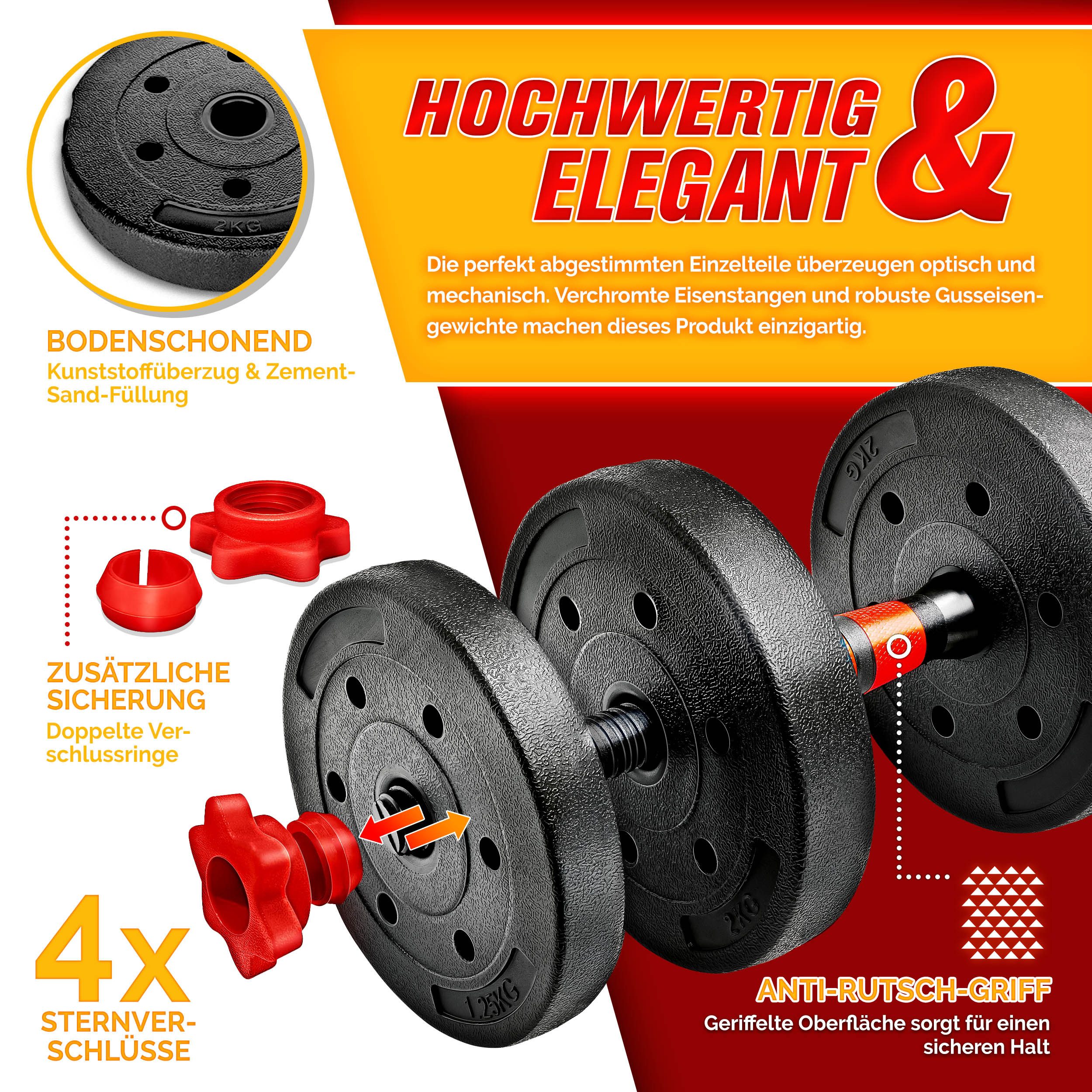RE:SPORT Hantel-Set Hantelset verstellbar, Kurzhantel & Langhantel, Sternverschlüsse & Verbindungsrohr