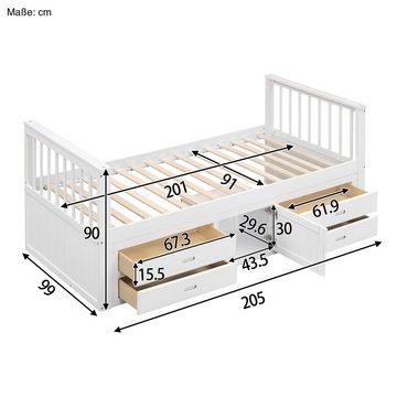 SOFTWEARY Massivholzbett mit Lattenrost, Schubladen und Schrank (90x200 cm), Kinderbett, Einzelbett, Kiefer