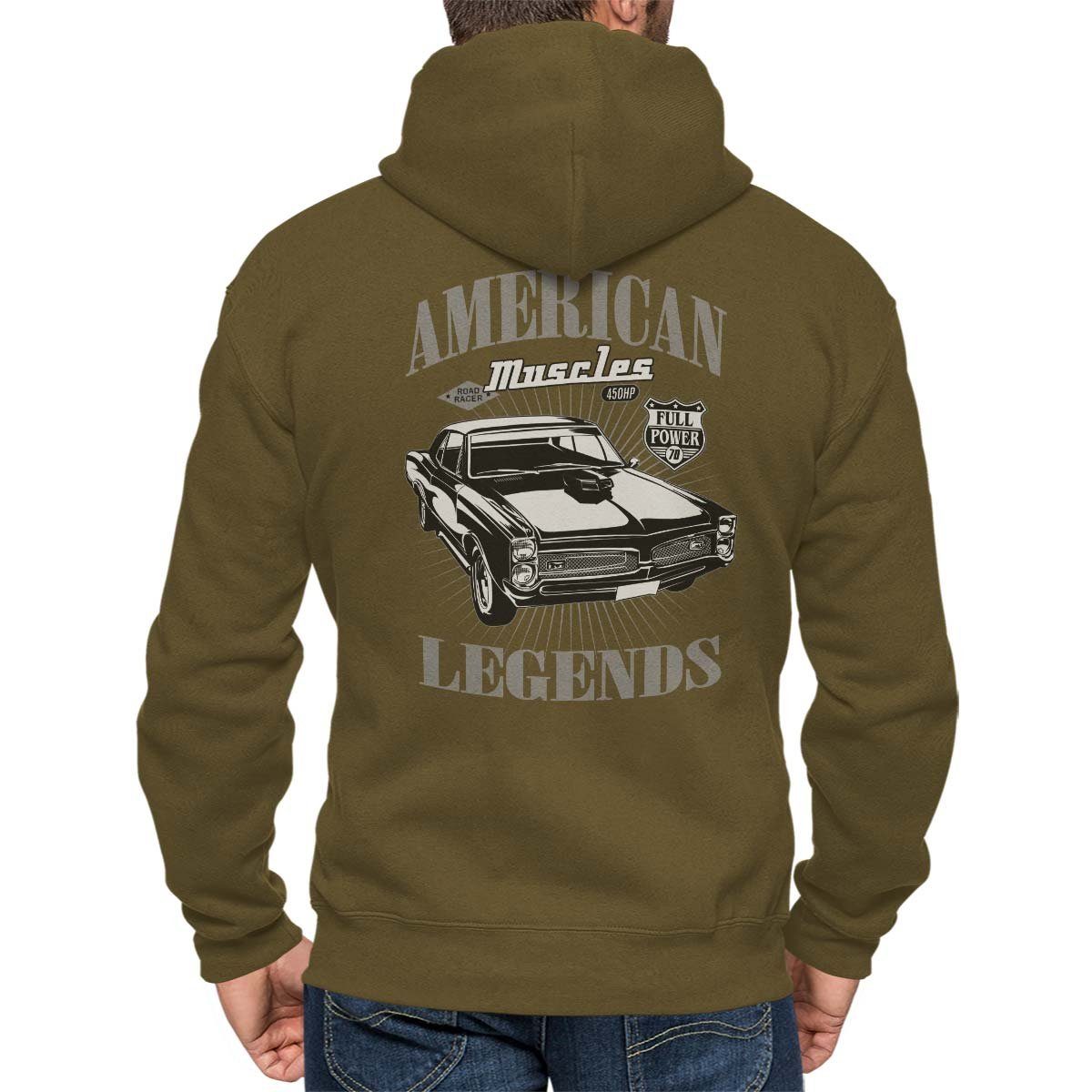 Rebel On Wheels Kapuzensweatjacke Kapuzenjacke Zip Hoodie American V8 Legends mit Auto / US-Car Motiv Khaki