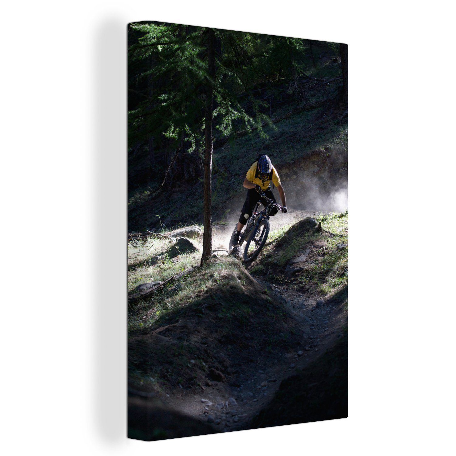 OneMillionCanvasses® Leinwandbild Mann auf Mountainbike fährt über Bodenwellen, (1 St), Leinwandbild fertig bespannt inkl. Zackenaufhänger, Gemälde, 20x30 cm | Leinwandbilder