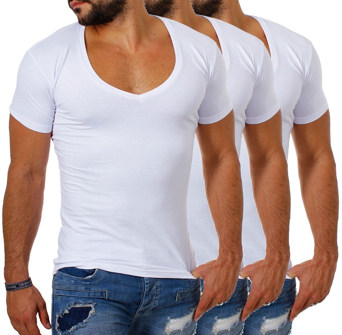 Young & Rich T-Shirt Herren Uni Basic extra tiefer Ausschnitt Unterziehshirt 1315 V-Ausschnitt unifarben kurzarm slim fit
