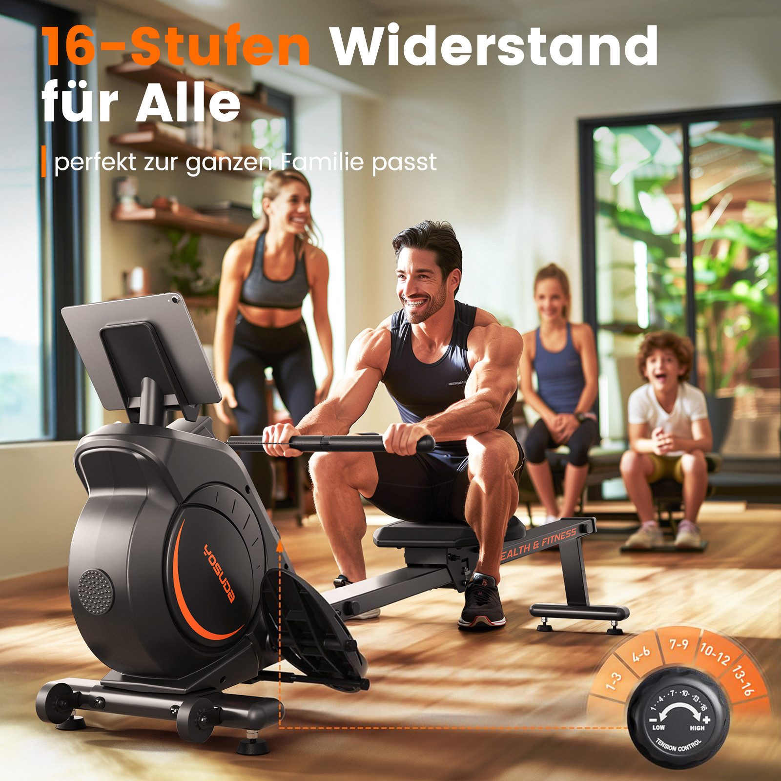 YOSUDA Rudergerät Leise Magnetische Rudermaschine mit 16 Stufen Widerstand (1-tlg), mit LCD-Display, App-Verbindung & bis zu 160 kg Belastung – Bild 4 von 5