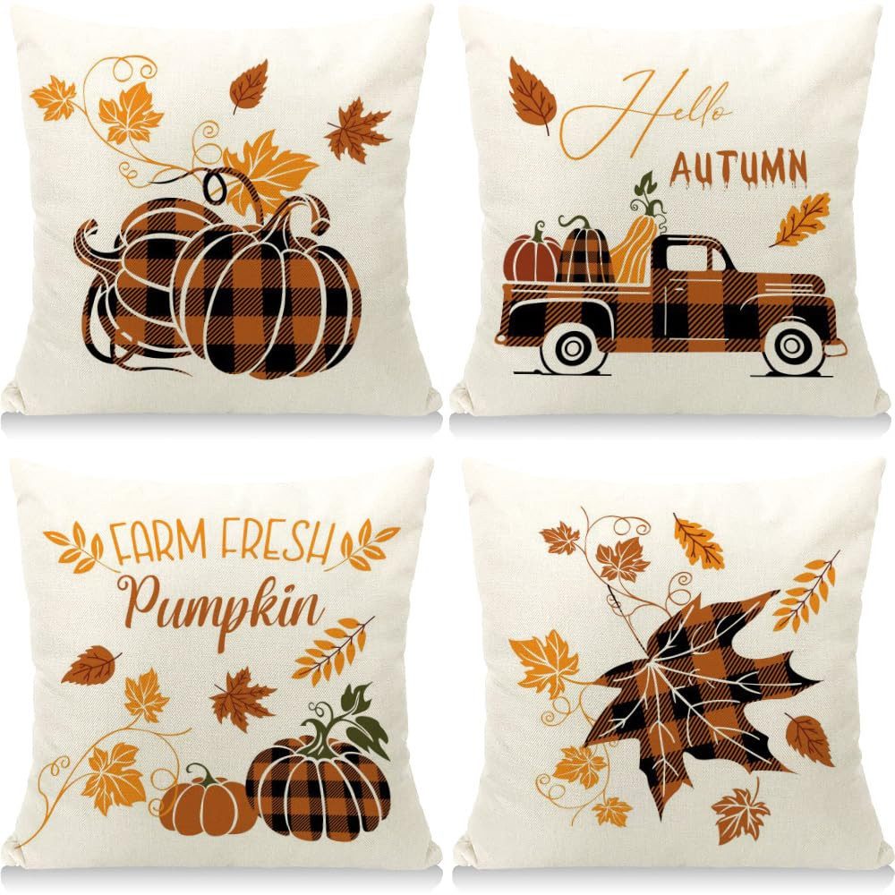 FOUORTUNATE-BEE Kissenbezug 4er Set Herbst Kissenbezug Ahornblatt Kürbis Kissenbezug, (4 Stück), 45 x 45 cm Herbst Dekoration für Home Garten Sofa Schlafzimmer