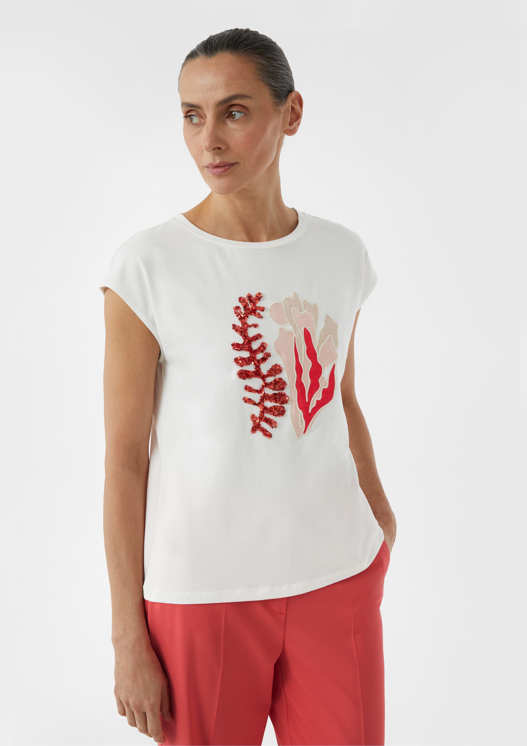 comma Kurzarmshirt T-Shirt Jersey-T-Shirt mit Pailletten und Artwork günstig online kaufen