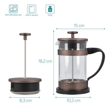 Navaris French Press Kanne Stempelkanne mit Edelstahl Filter, 600ml, auch für Tee