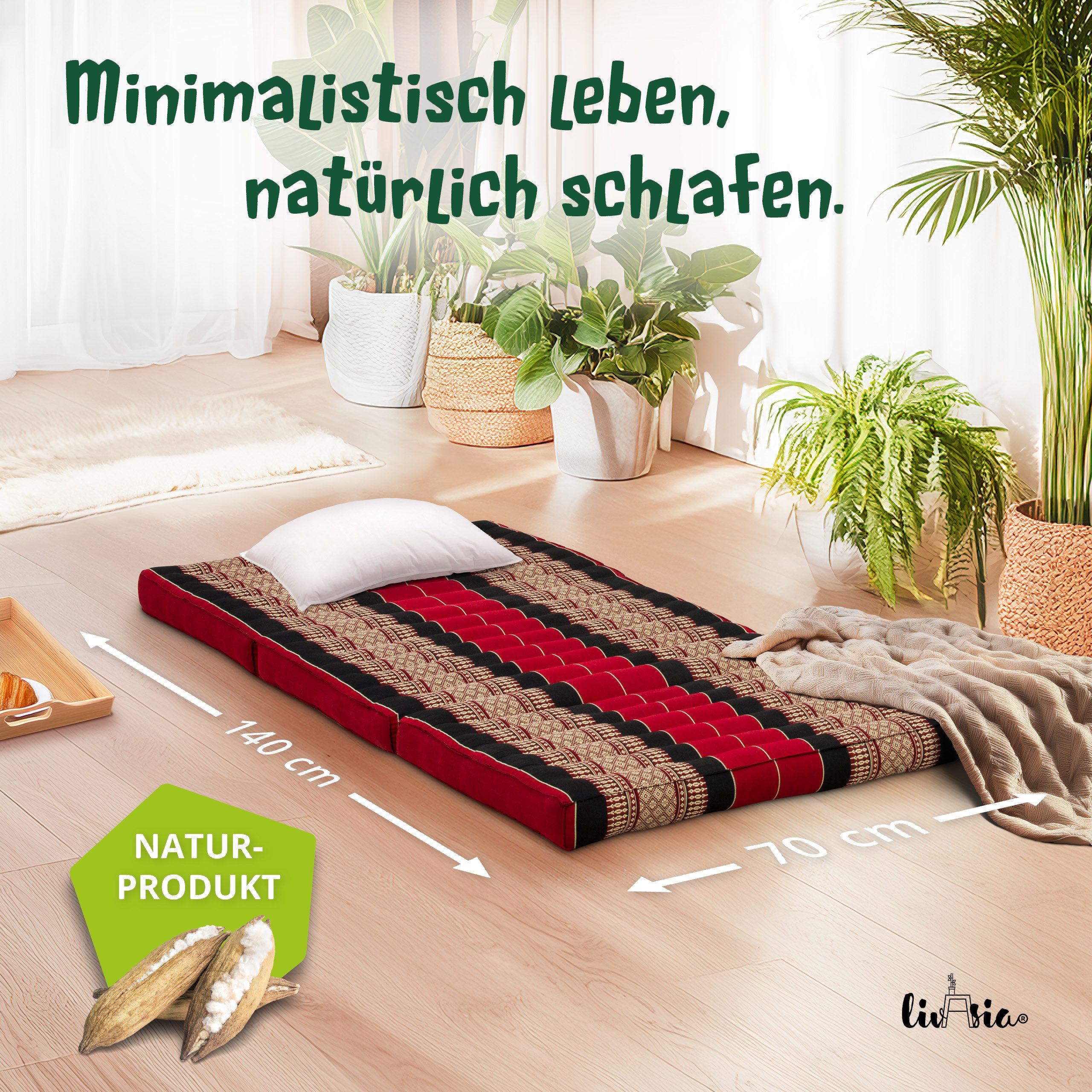 Kindermatratze Klappmatratze 70 cm breit - 140x70x8cm - Faltmatratze für Kinder, livasia, 8 cm hoch, Kapok, vegan, handgefertigt
