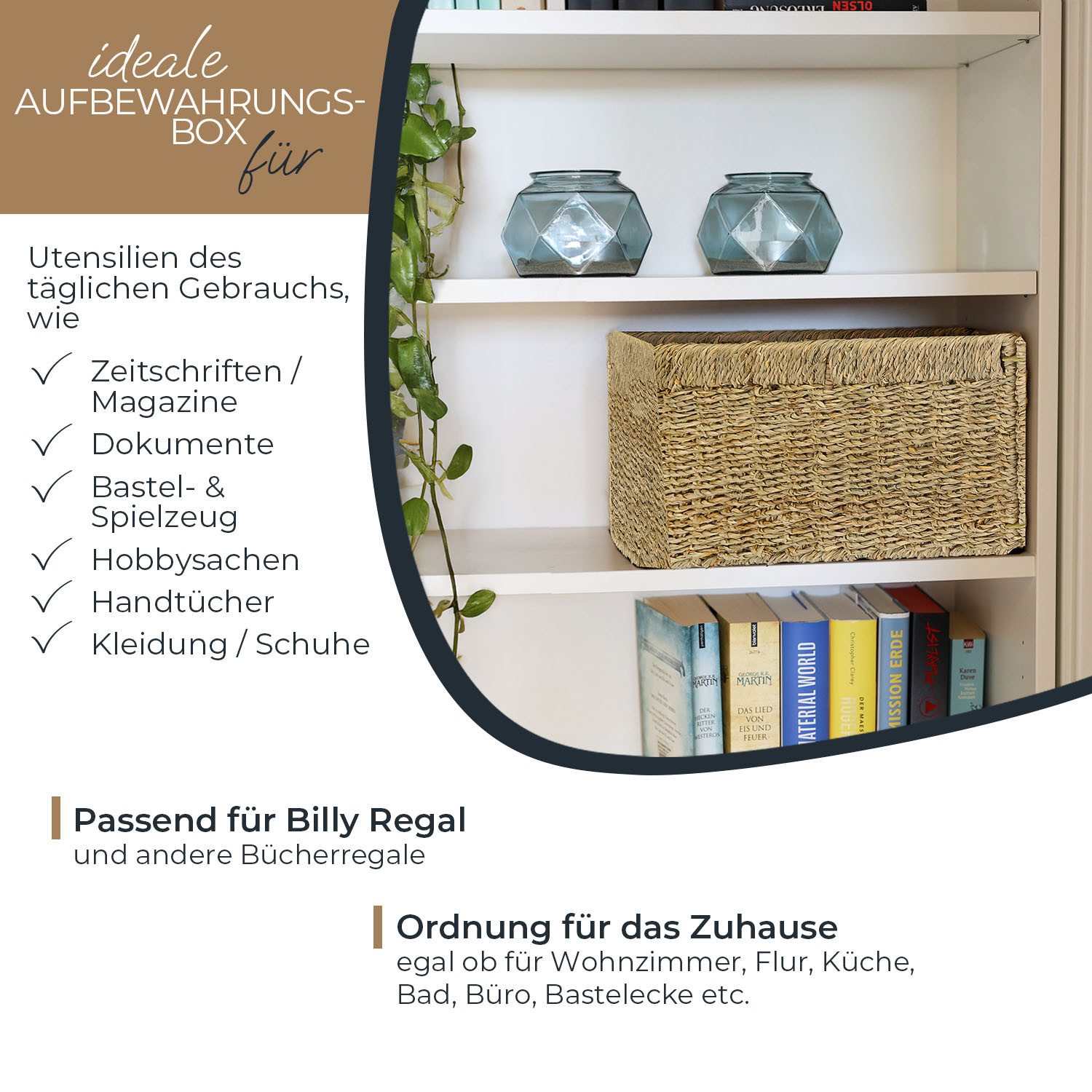 HMF Regalkorb Aufbewahrungskorb passend für Billy Regal, Korb, geflochten aus Seegras mit drei Griffen, 35 x 25 x 20 cm, Natur