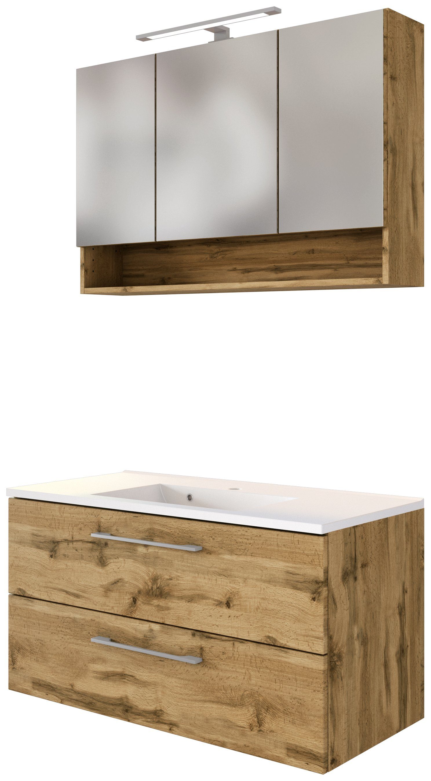 HELD MÖBEL Badmöbel-Set Waschtisch-Set Livorno 100 cm Wotaneiche/Wotaneiche