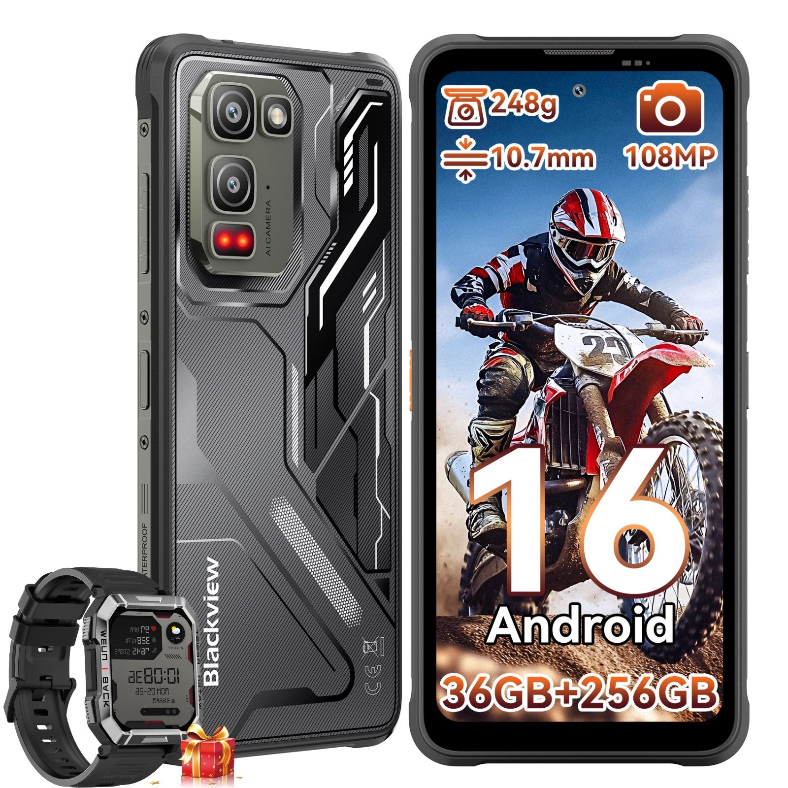blackview FORT 5 Android 16, 108 MP Hauptkamera incl. W60 AI Outdoor Smartphone (6,78 Zoll, 256 GB Speicherplatz, 108 MP Kamera, Android 16, 108MP, 120Hz, IP68/IP69K, NFC, Night vision)