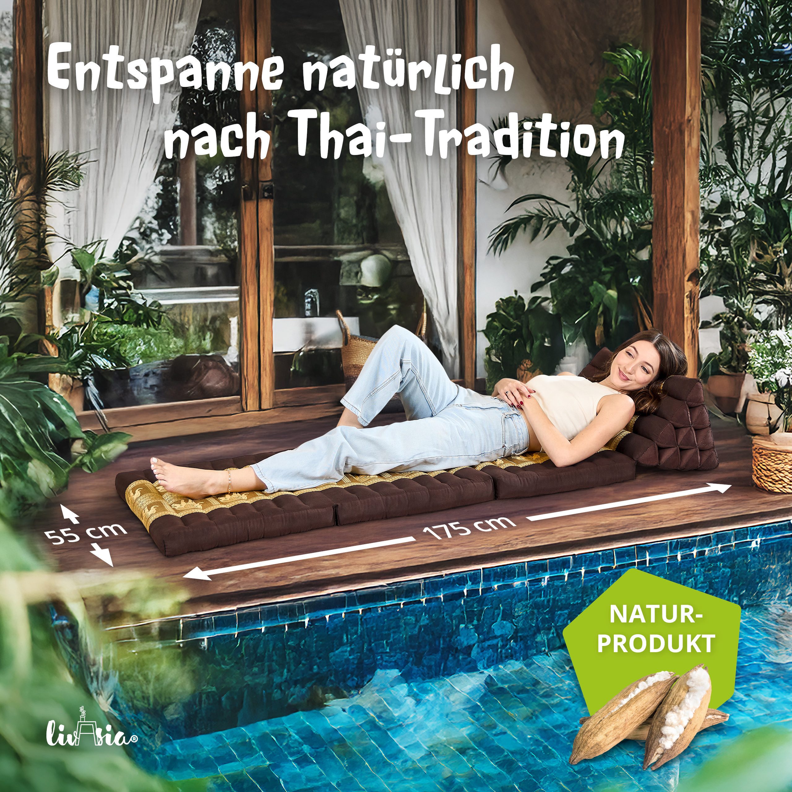 livasia Sitzsack Thaikissen 3 Auflagen (Deluxe) vegan und handgefertigt, 175x55x8cm, Kapok