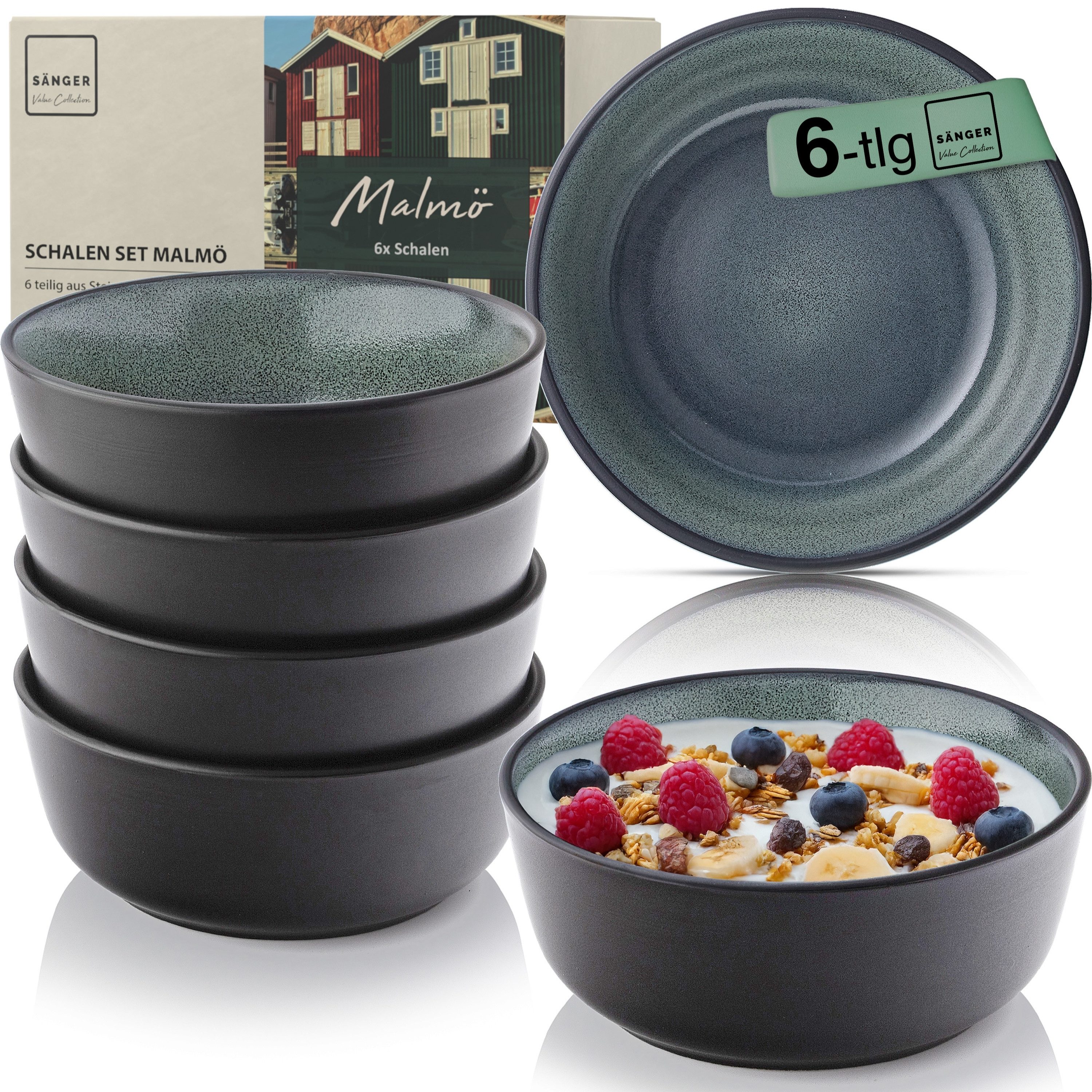 SÄNGER Teller Set Malmö, (6 St), Schalen, Steingut, 600ml, Handmade, Blau-Schwarz, VALUE COLLECTION
