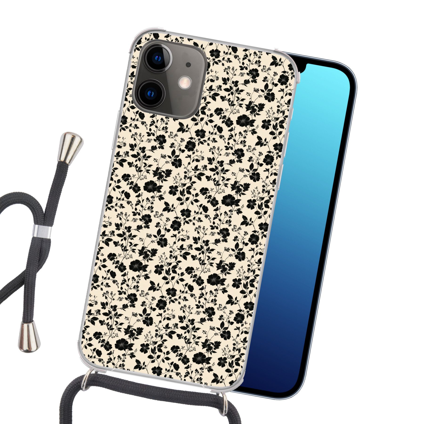 MuchoWow Handyhülle für Apple iPhone 12 Blumen - Muster - Schwarz, Tragbare Handyhüllen mit Kette zum umhängen, Handykette Handyband