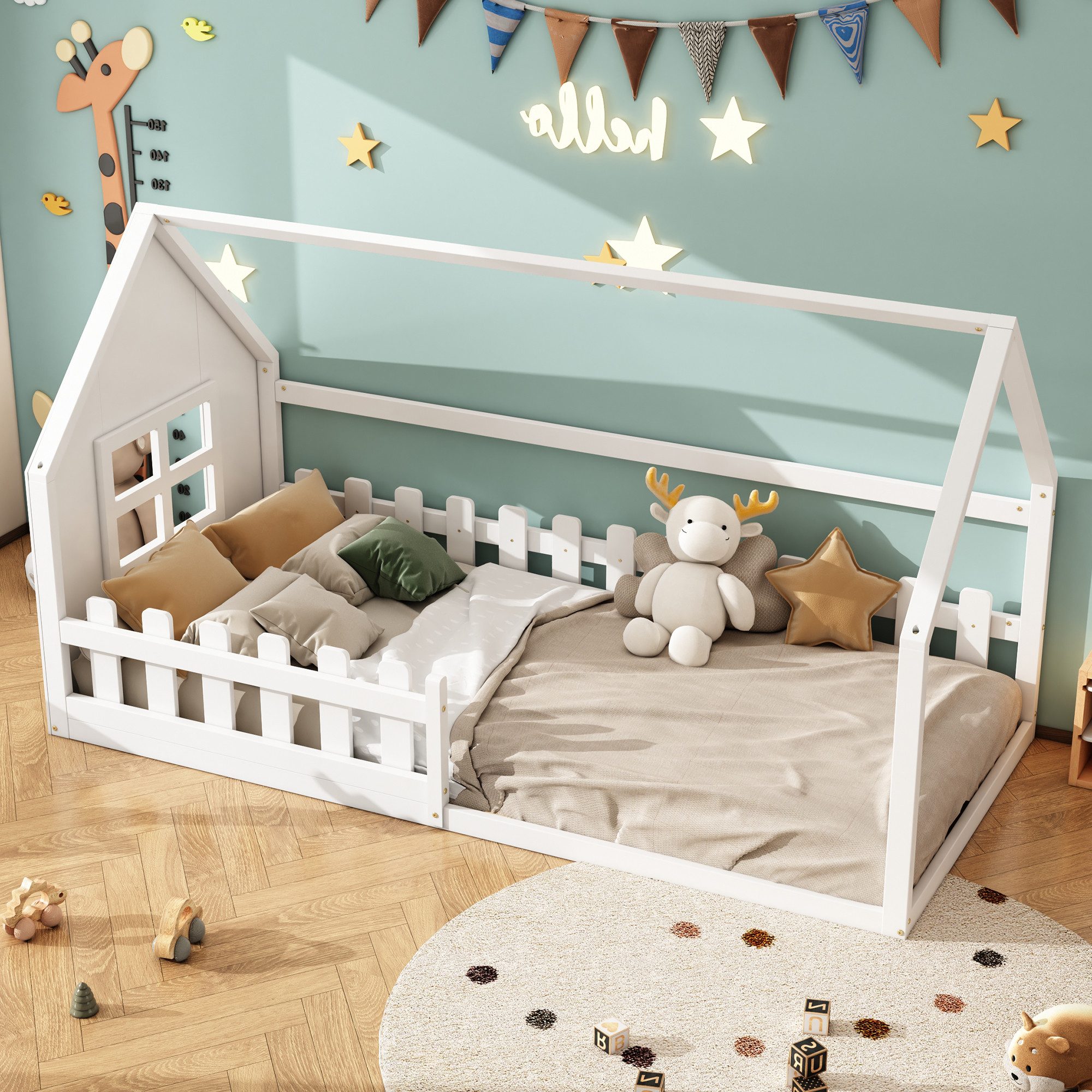 STILVORA Kinderbett 90×200 mit matratze Flachbett mit Hausleist,Holzbett in Hausform,Weiß (90*200cm), mit matratze