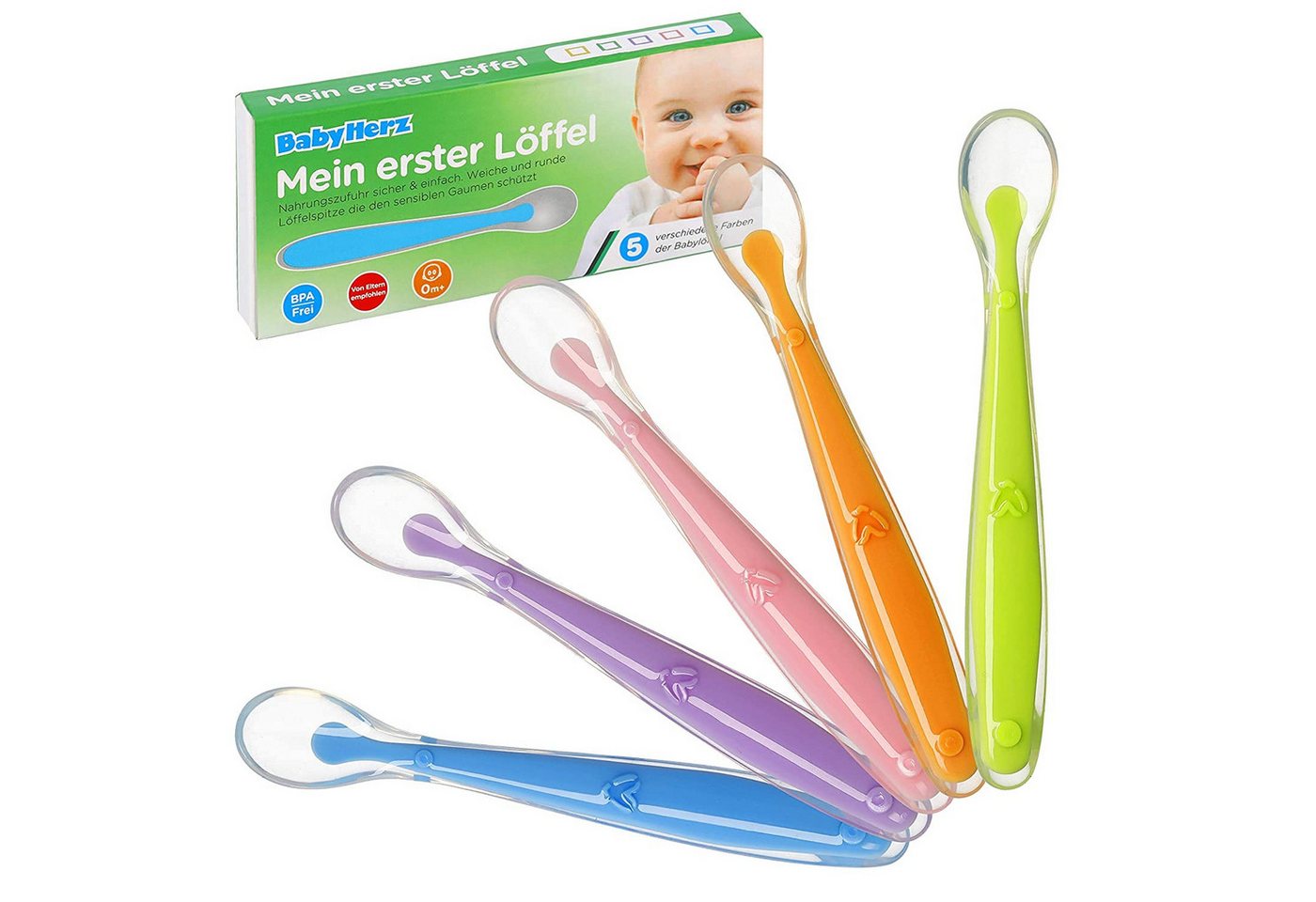 BabyHerz Kinderlöffel Baby Löffel Set 5 Stück, Perfekt für Kleinkinder zum Essen lernen, Bunt, weich, sicher – Idealer Löffelspaß für die ersten Brei-Momente