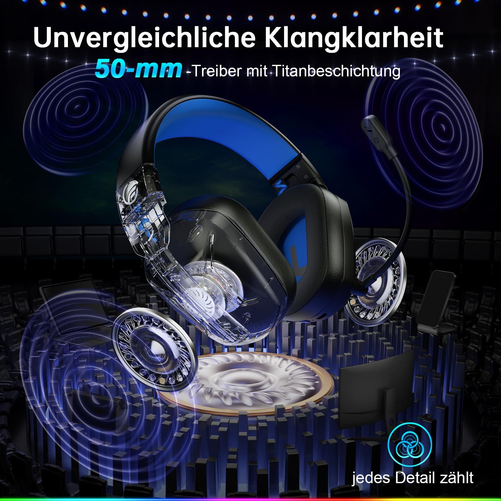 Fachixy Mikrofon, 2,4G Wireless Bluetooth Kopfhörer kabellos LED Licht Gaming-Headset (ENC-Rauschunterdrückung, Stummschaltung, LED-Beleuchtung, Game- und Musikmodus, faltbar, Bluetooth und 2,4G Wireless, 2,4 GHz, mit Surround Sound Faltbarer Bluetooth LED Licht Über 50H+Akkulaufzeit)