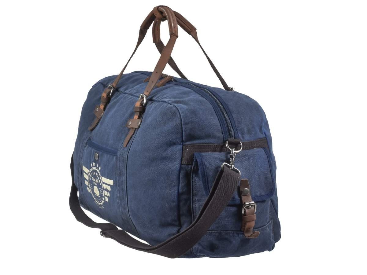 Greenburry Reisetasche Aviator Blue Edition, used Look Canvas mit Lederbesatz, Sporttasche 65cm, Weekender