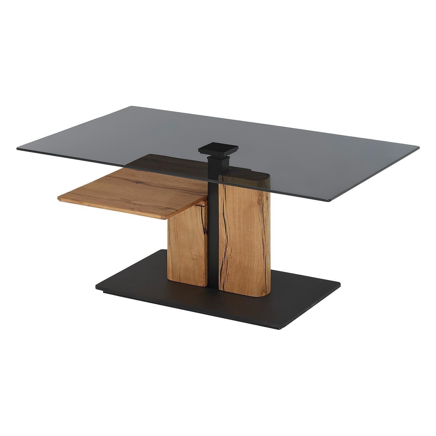 Couchtisch DALKOR, Braun, Grau, Schwarz, Glasplatte, Eichenholz massiv und geölt, Höhnverstellbar, B 105 x T 65 cm