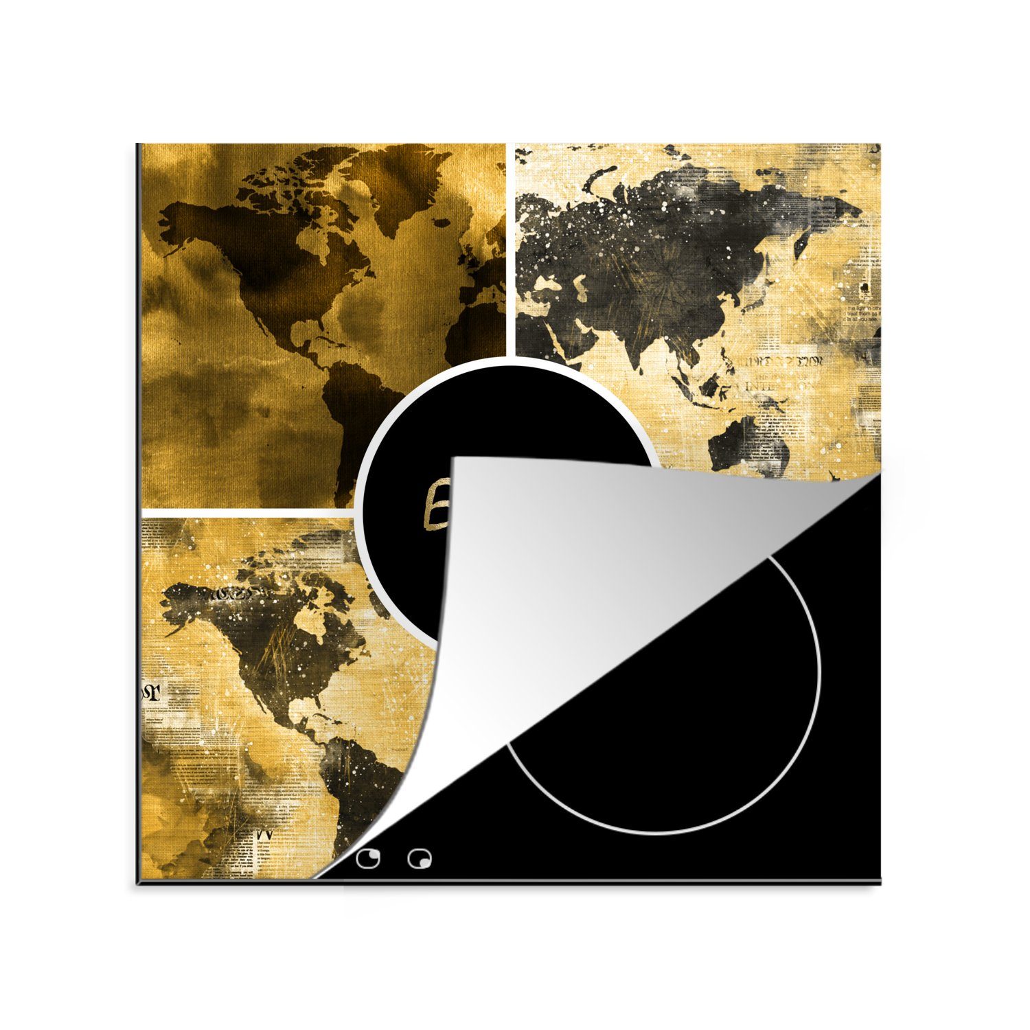 cm, - Gold, tlg), küche Collage Herdblende-/Abdeckplatte Arbeitsplatte - 78x78 Vinyl, Weltkarten für (1 Ceranfeldabdeckung, MuchoWow