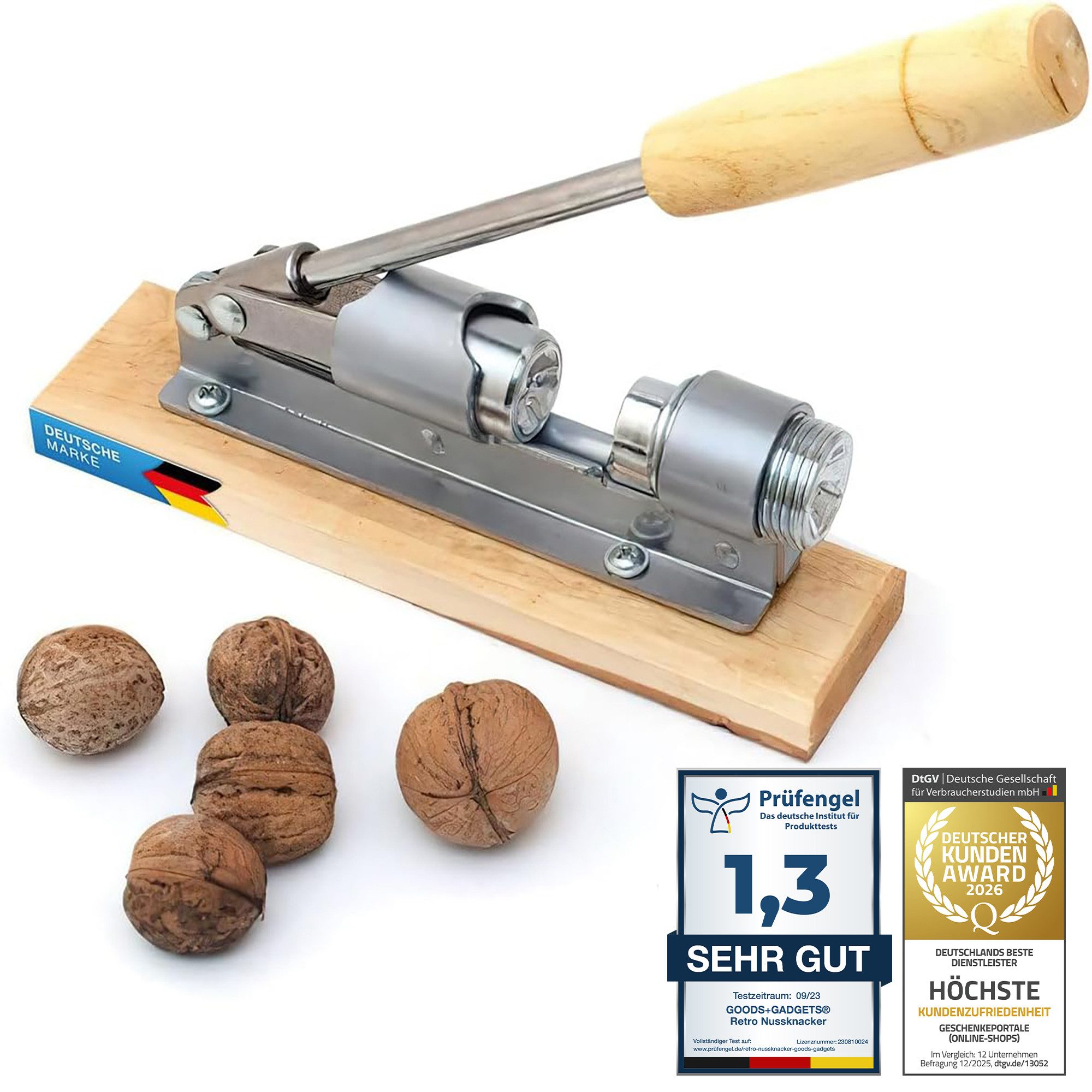 Goods+Gadgets Nussknacker Retro Nussknacker Hebel Edelstahl – Starker Schalenknacker für Nüsse, (Hebel-Knacker), Schalenknacker aus Edelstahl