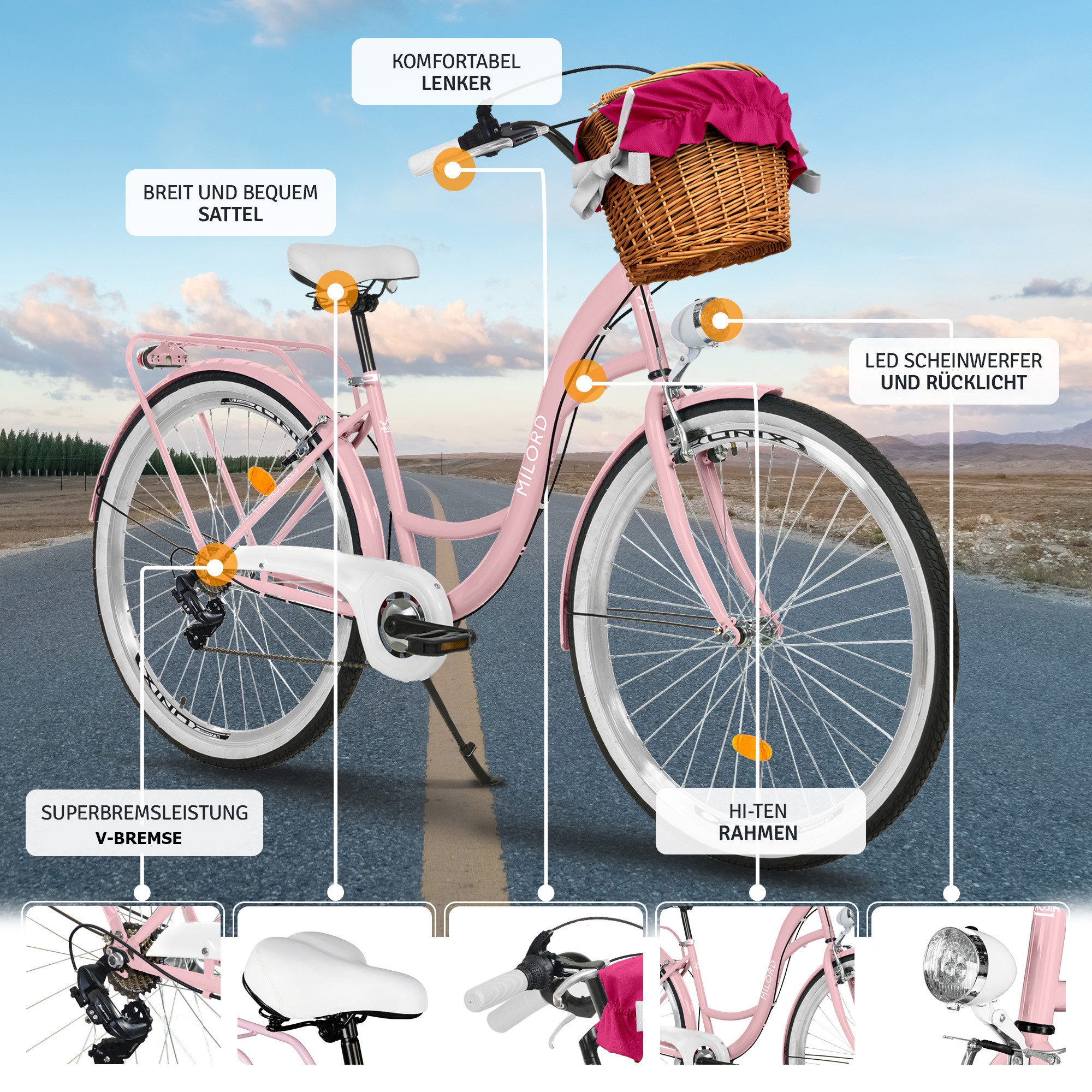 Milord Cityrad Milord City Fahrrad Weidenkorb Damenfahrrad, 28/26 Zoll, Rosa, 7-Gang, 7 Gang, (Fahrradständer, Gepäckträger, Klingel, Korb, Kotflügel)