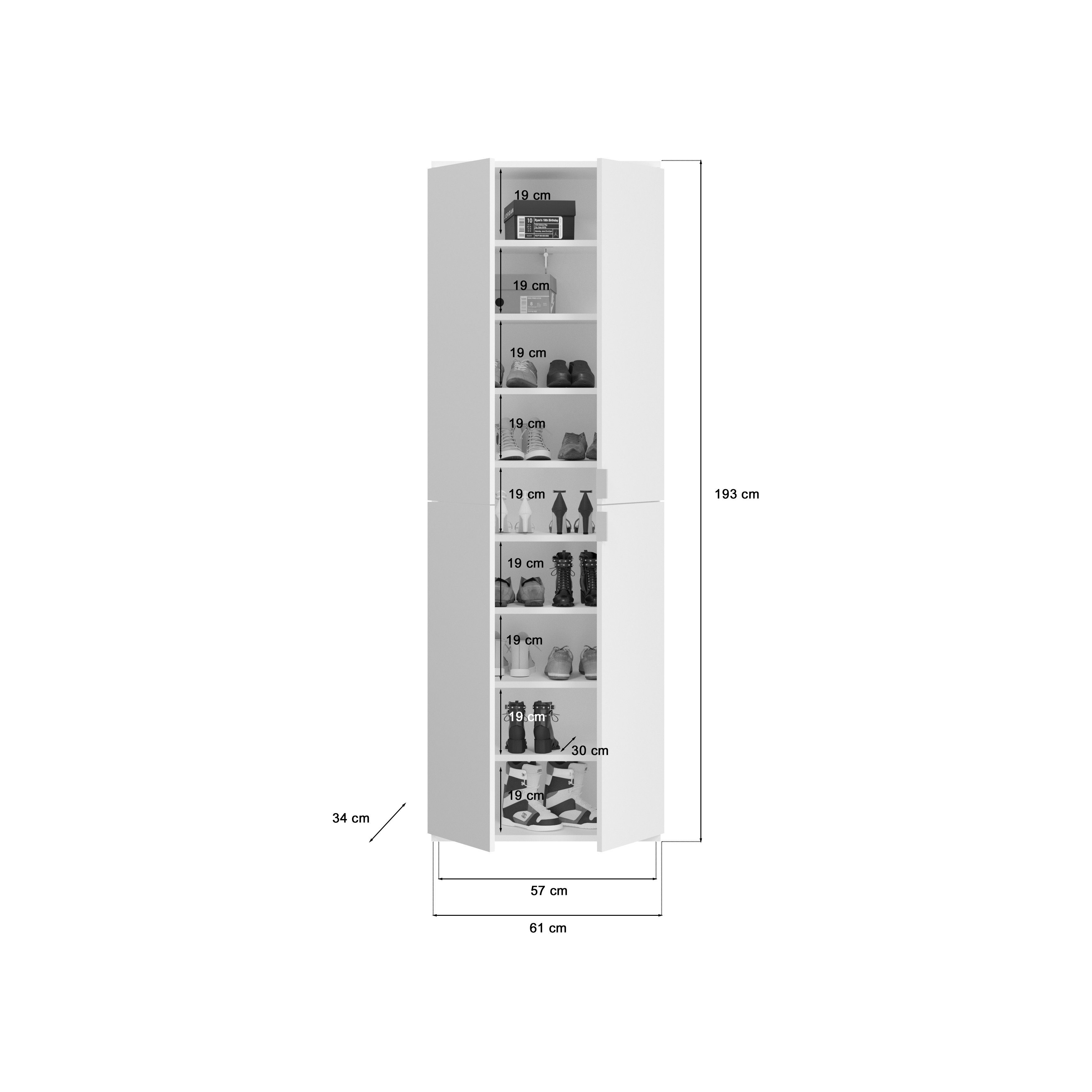 möbelando Garderobenschrank Paterson Eleganter mit 130 2 Holztüren, Garderobenschrank Breite 34 und Spanplatte 16 aus cm, cm Tiefe 8 cm, 193 Höhe in Kleiderstangen Ablageböden. Weiß