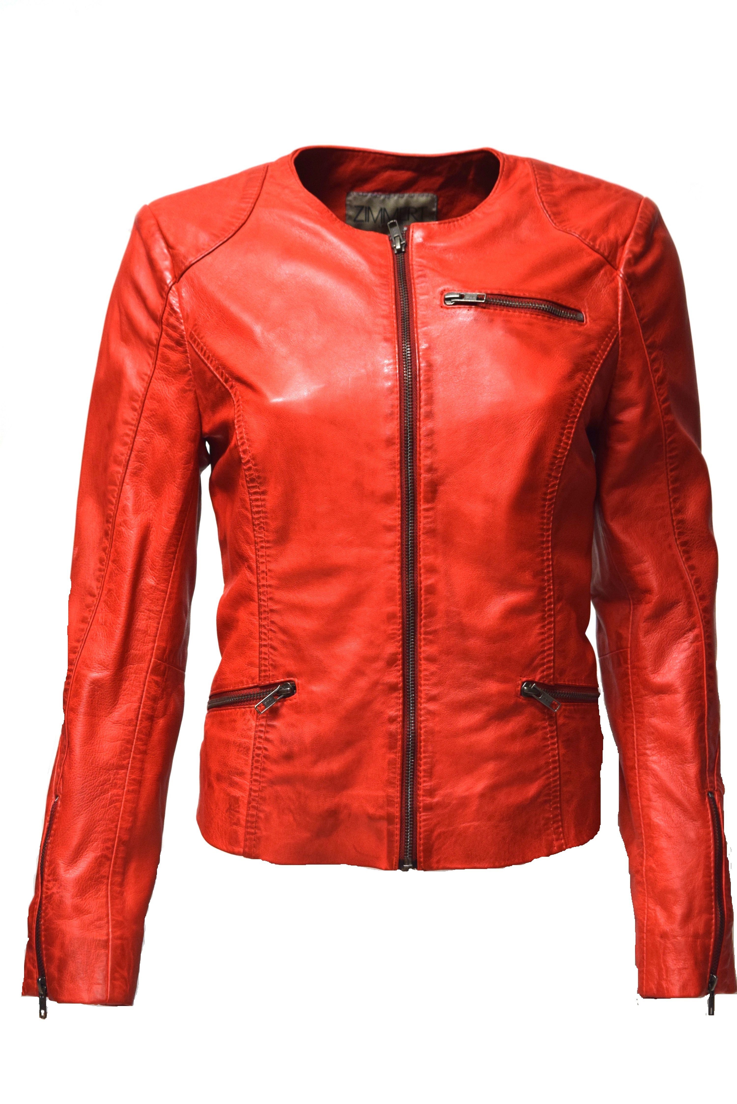 Zimmert Leather Lederjacke Kim Kragenlos, leichtes rot weiches Leder und