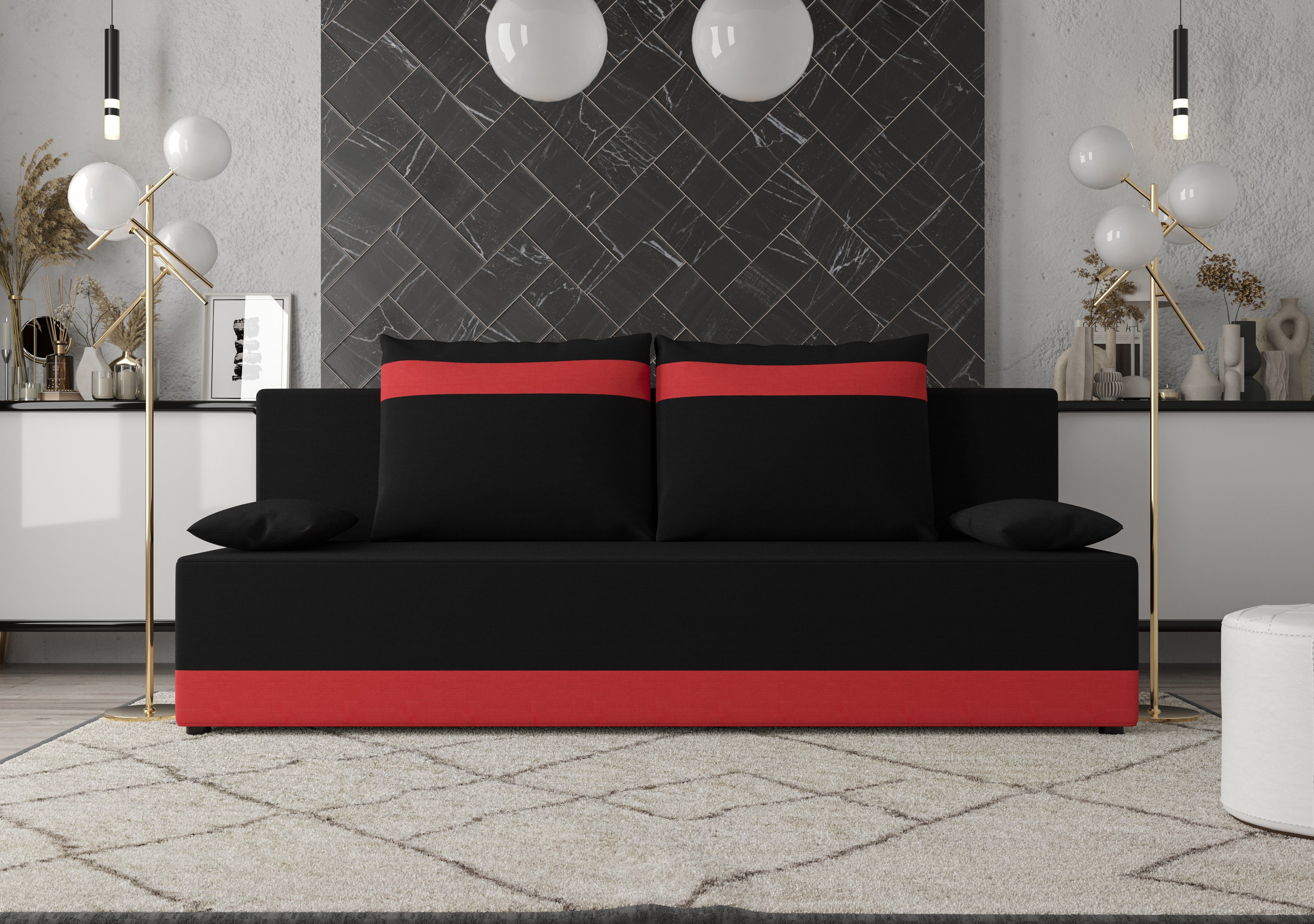 pressiode Sofa Schlafsofa, COUCH mit Schlaffunktion und Bettkasten 190cm TOLEDO Schwarz+Rot