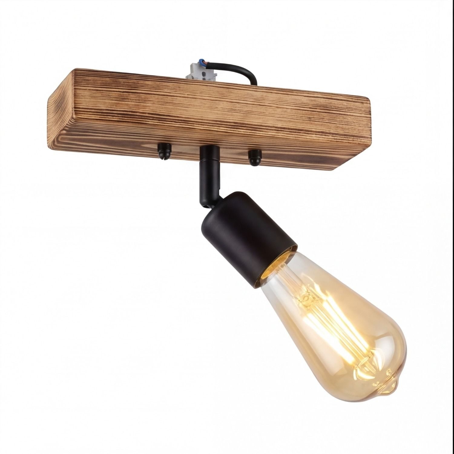 Licht-Erlebnisse Deckenstrahler RETHEN, ohne Leuchtmittel, Balken geflammtes Holz Metall B: 24 cm klein schwenkbar Retro für E27