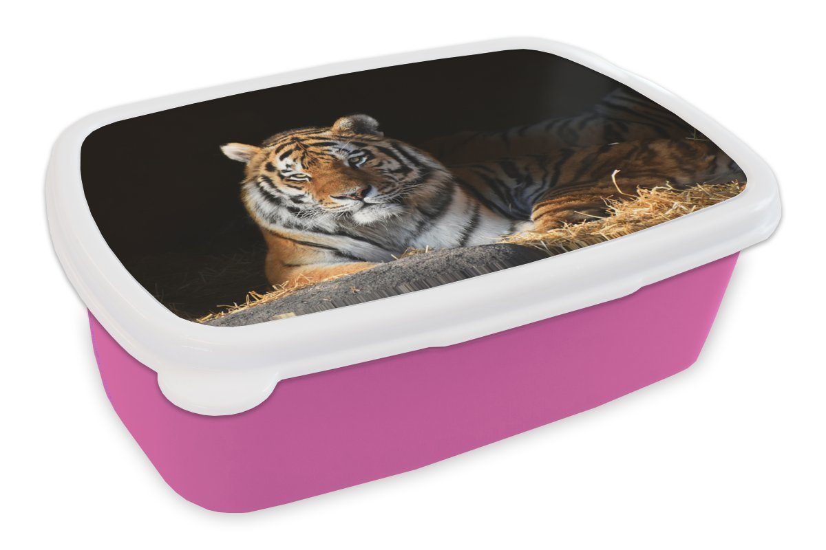 MuchoWow Lunchbox Tiger - Stroh - Schatten, Kunststoff, (2-tlg), Brotbox für Erwachsene, Brotdose Kinder, Snackbox, Mädchen, Kunststoff rosa