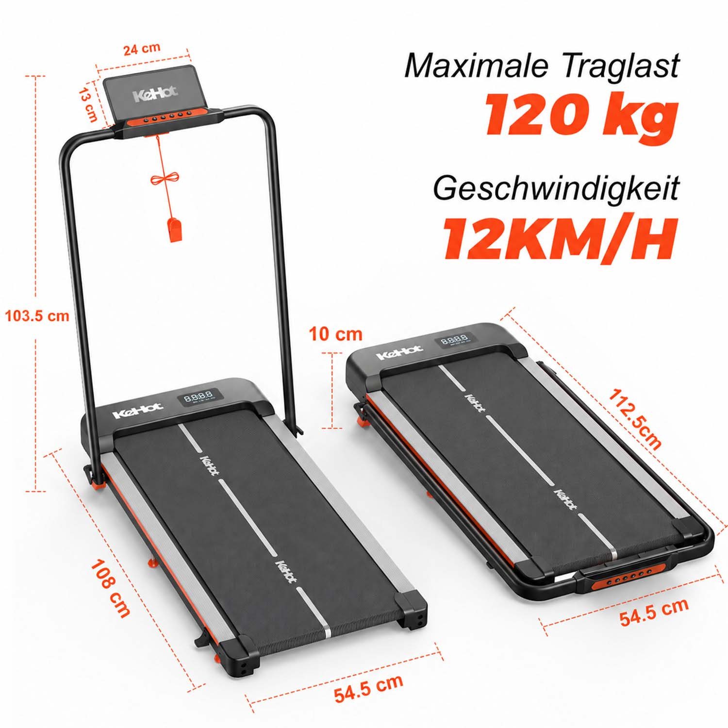 kehot Laufband Klappbares Laufband mit 12% Steigung,Platzsparend für kleine Wohnungen (Walking 1–6 km/h und Laufen bis 12 km/h für Zuhause, EQISport, Kinomap & Zwift kompatibel mit 12 Trainingsprogrammen), Ultraflach verstaubar mit LED-Display und Sicherheitsschlüssel