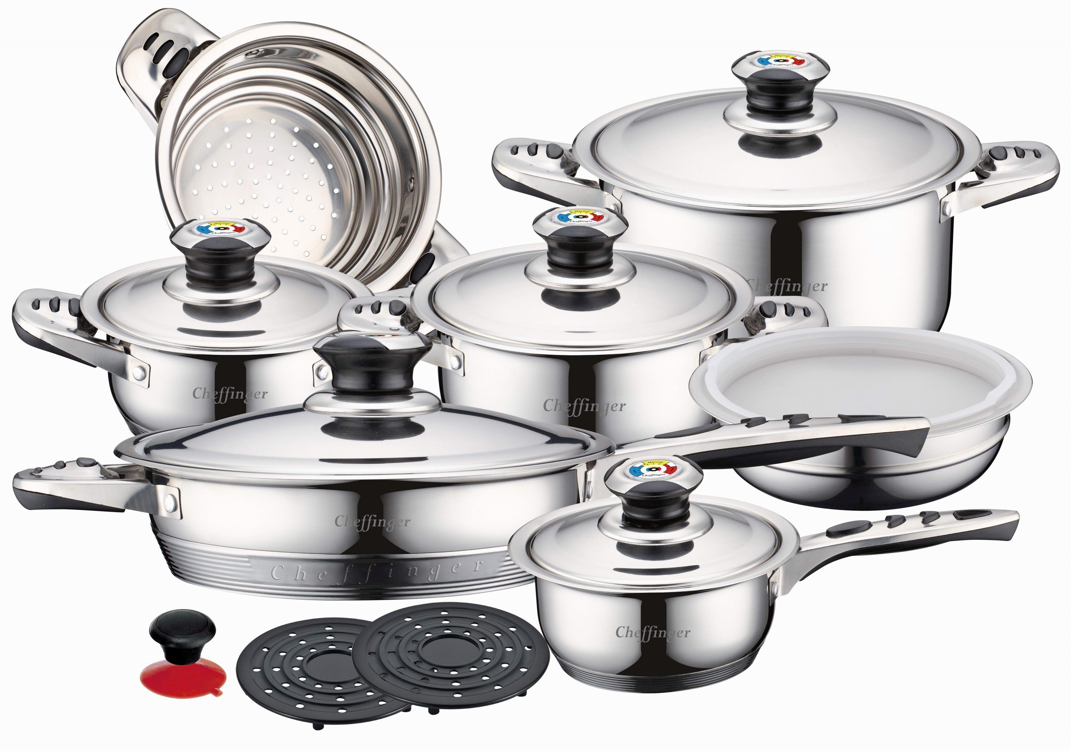 Cheffinger Topf-Set Kochtopf Kasserolle Bratpfannen Set 16-tlg Edelstahl Cheffinger, Material: Edelstahl, Glas, Kunststoff (Kochset bestehend aus 16 Teilen)
