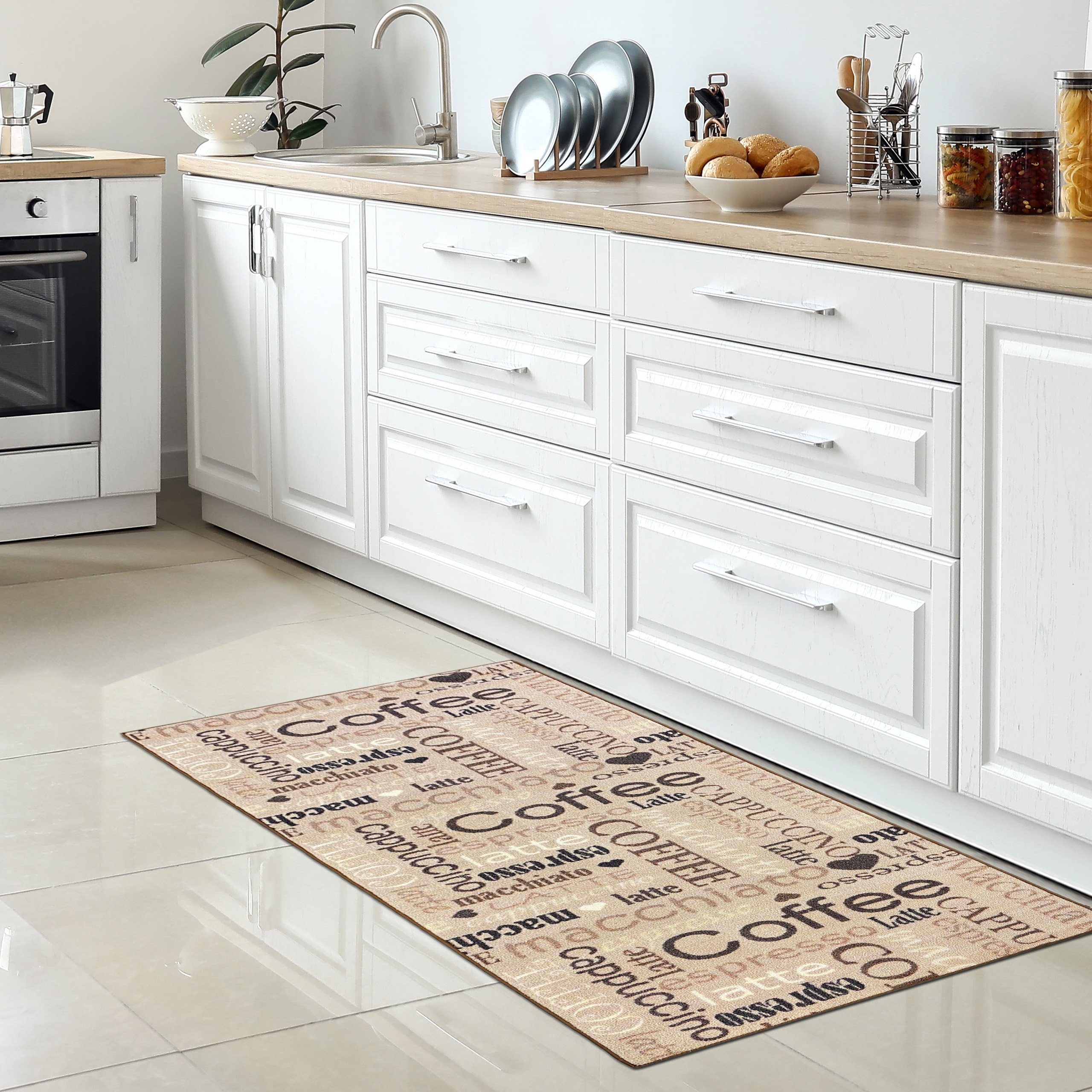 Carpetia Teppich Küchenläufer beige schwarz braunem Schriftzug Coffee Cappu günstig online kaufen