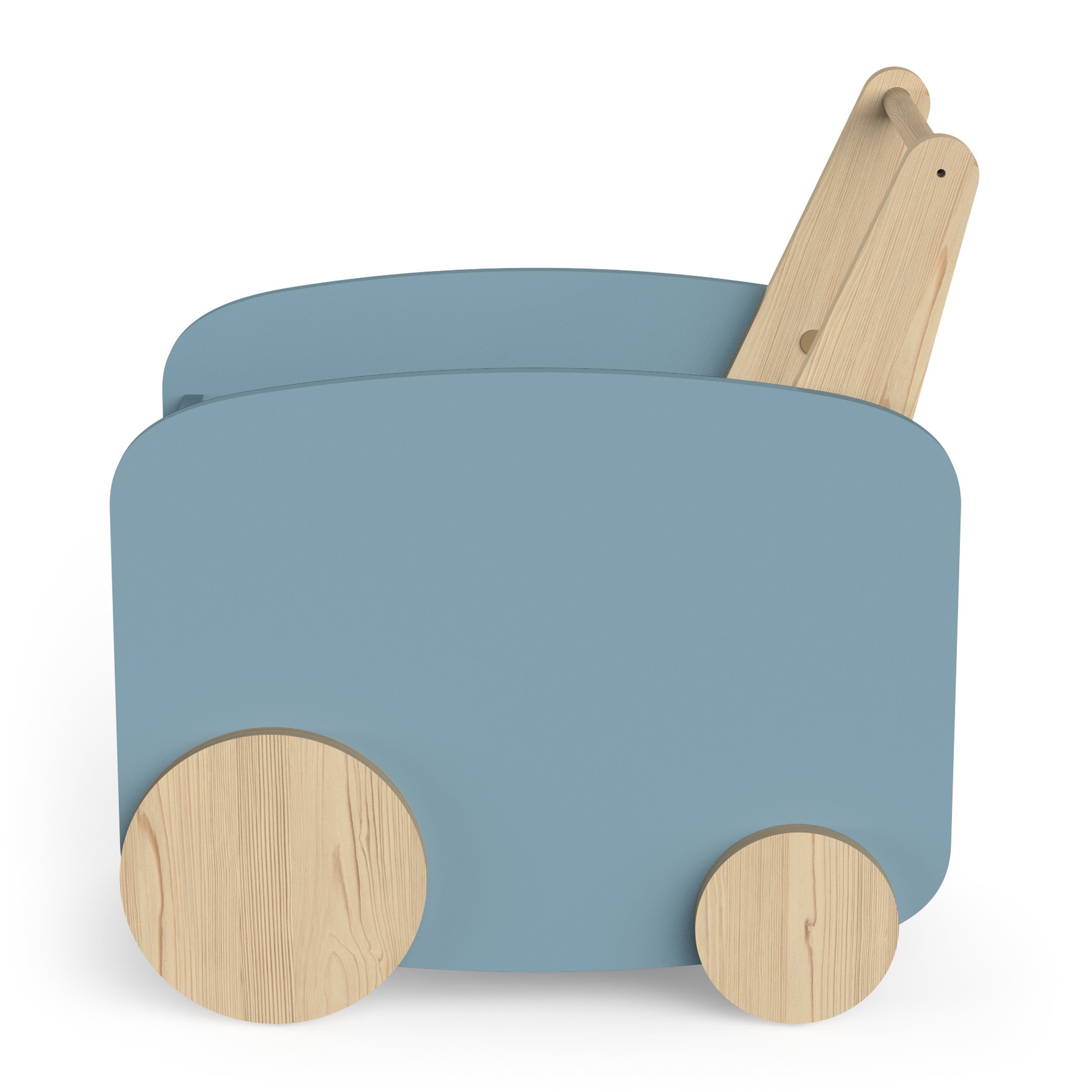 inklusive Rädern MDF cm Spielzeugbox Spielzeugtruhe der blau/natur 7kg, zum habeig Bewegen 4 Spielwagen Holz 55x53x35 Spielzeugtruhe Spielauto