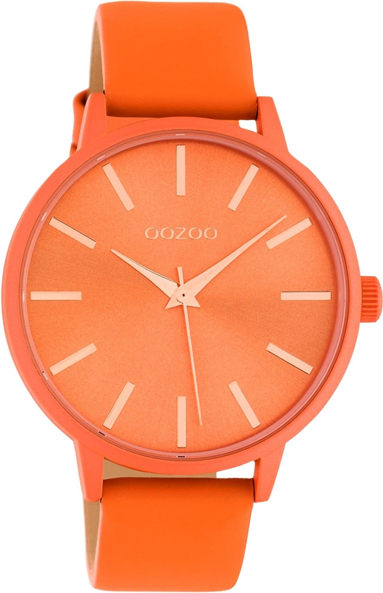 OOZOO Quarzuhr Oozoo Damen Armbanduhr orange, (Analoguhr), Damenuhr rund, groß (ca. 42mm) Lederarmband, Fashion-Style