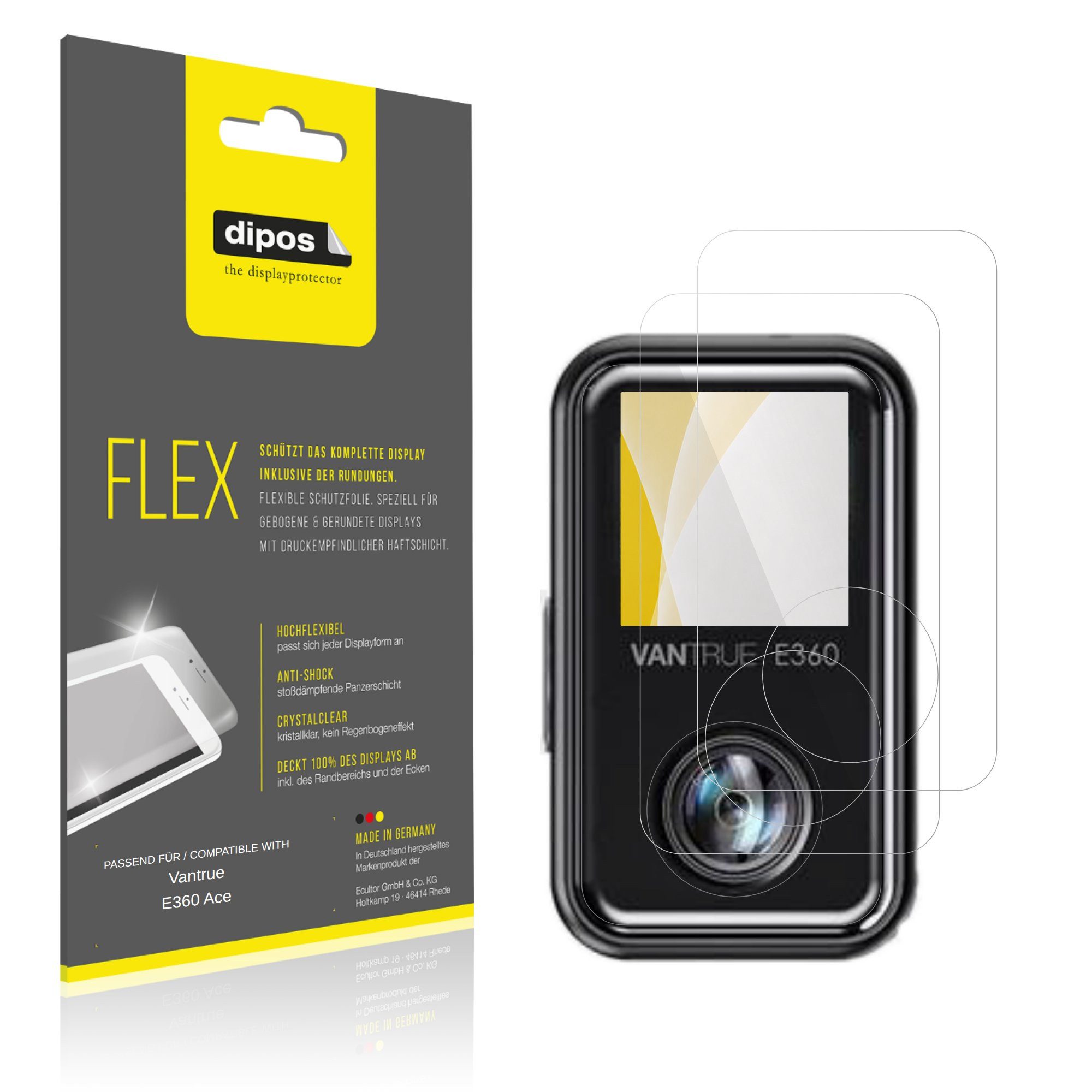 dipos Displayschutzfolie Schutzfolie für Vantrue E360 Ace, 2 Stück, Displayschutz Schutz Folie Made in Germany