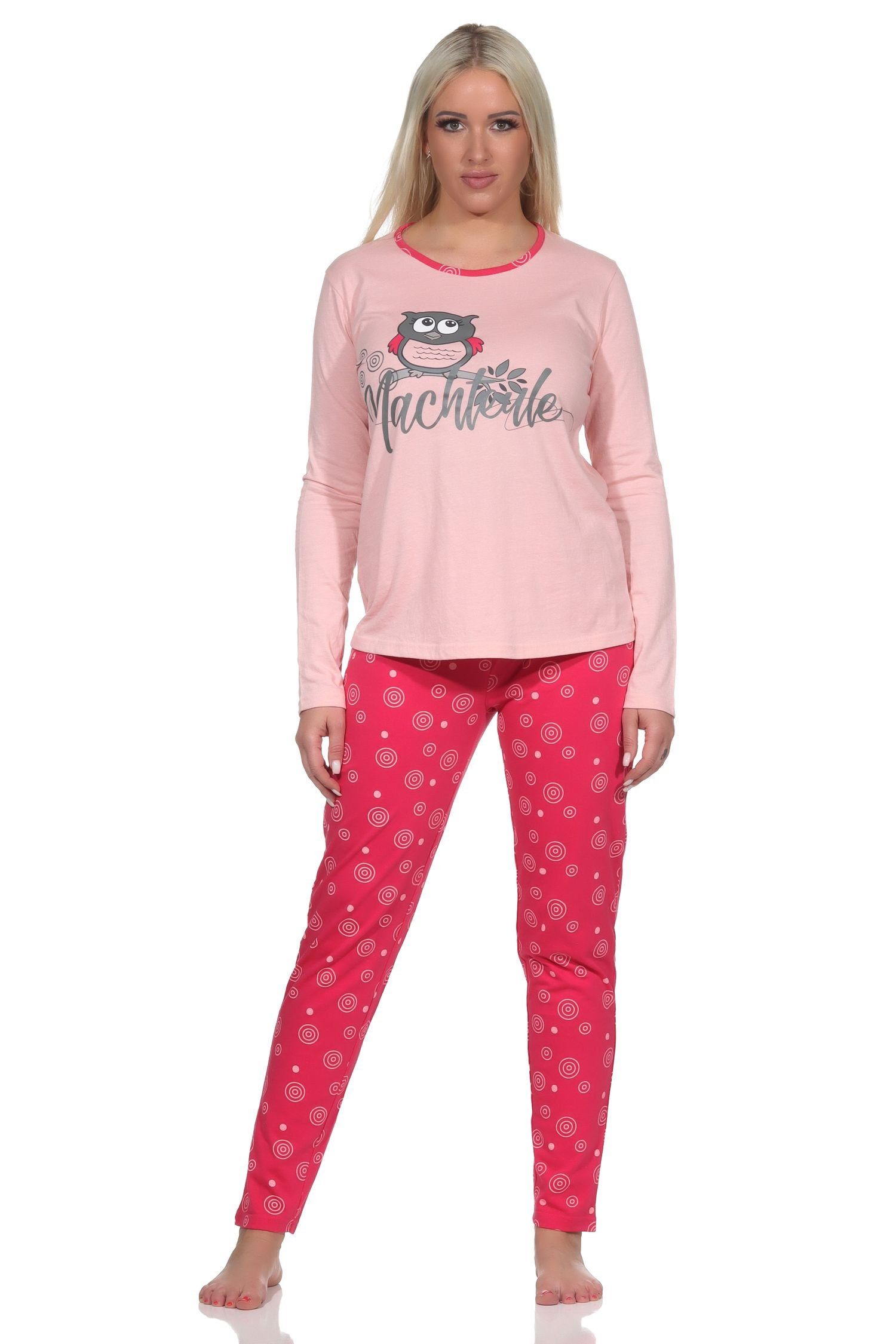 Normann Pyjama Langer Damen rosa und Schlafanzug Eulen-Motiv niedlichem mit Rundhals