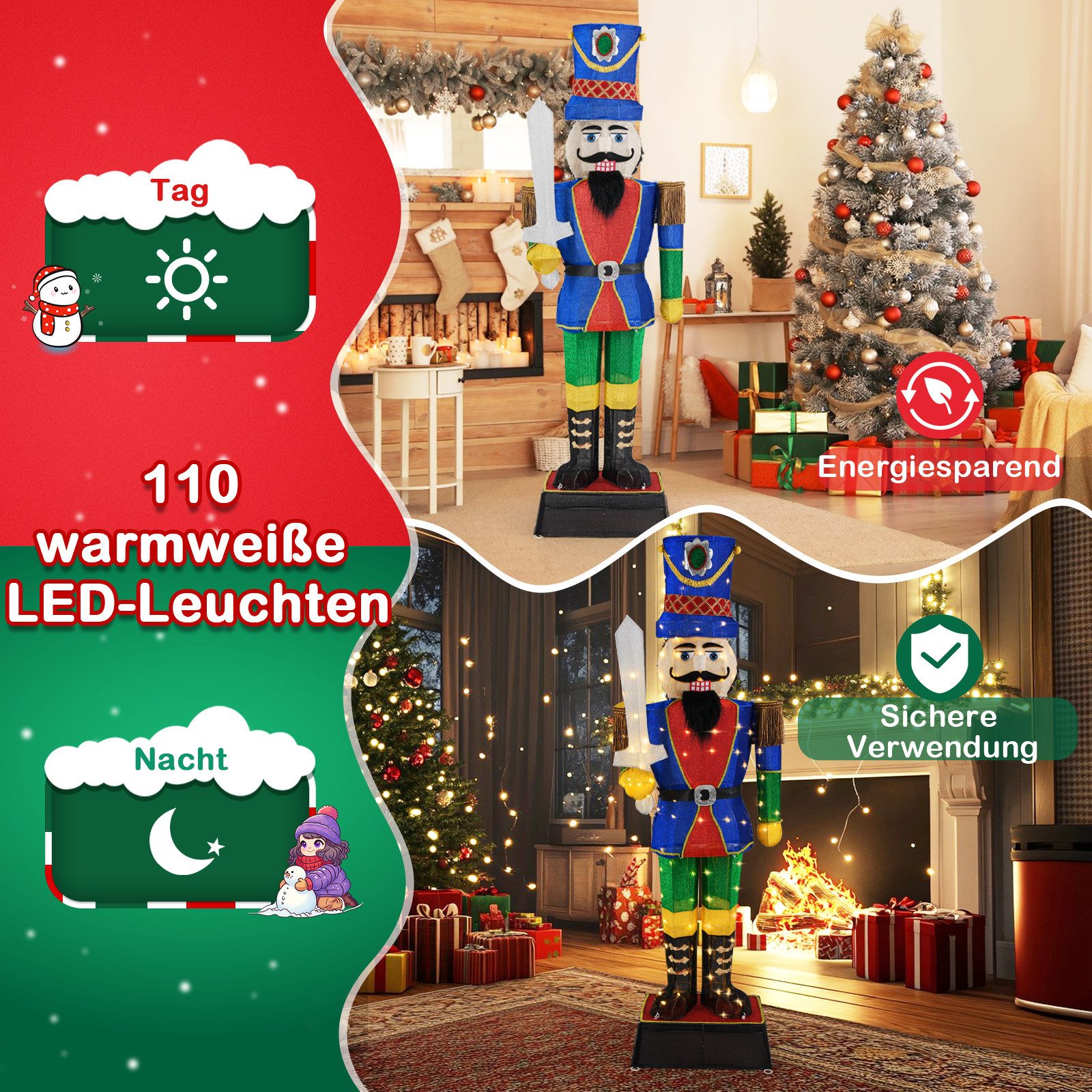 COSTWAY Weihnachtsfigur (2 St), Nussknacker Figur, LED Weihnachtsdeko, groß