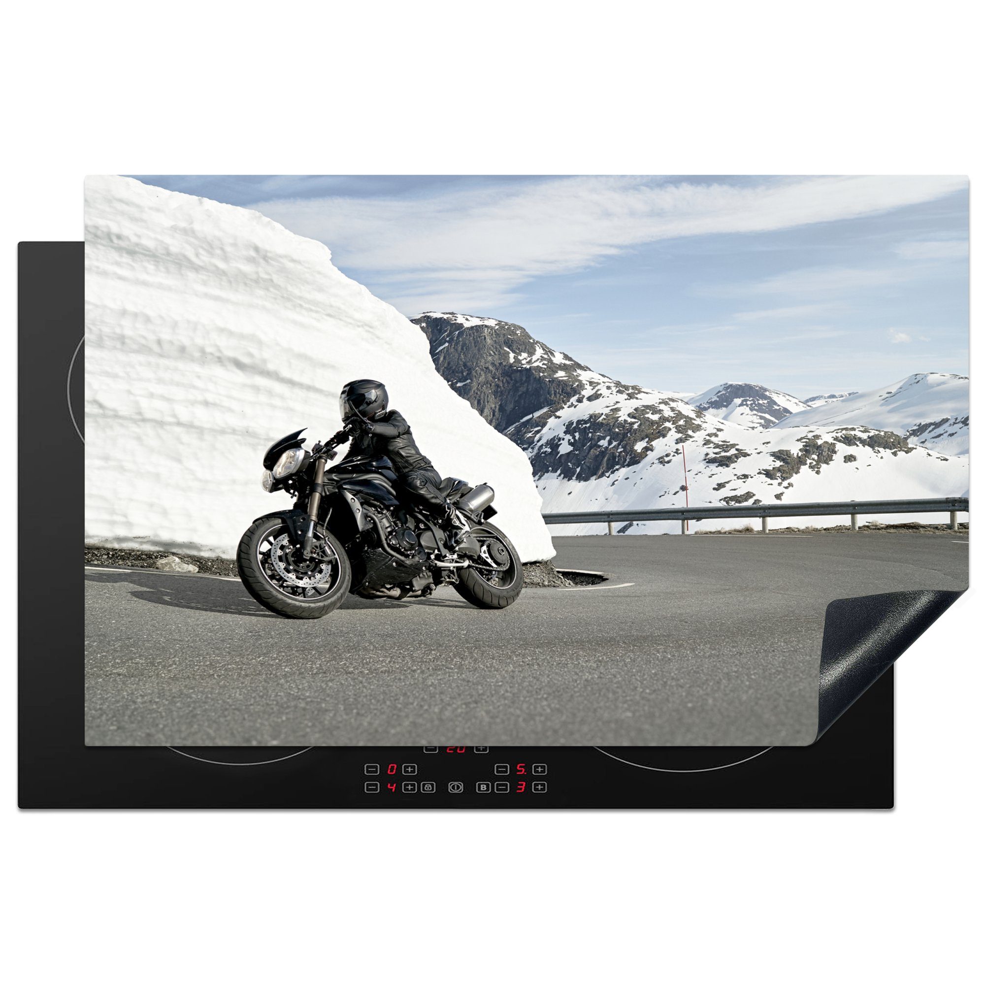 Ceranfeldabdeckung die Vinyl, für 81x52 (1 Bergen, Herdblende-/Abdeckplatte MuchoWow in Ein Induktionskochfeld cm, Schutz Motorrad küche, den tlg), verschneiten