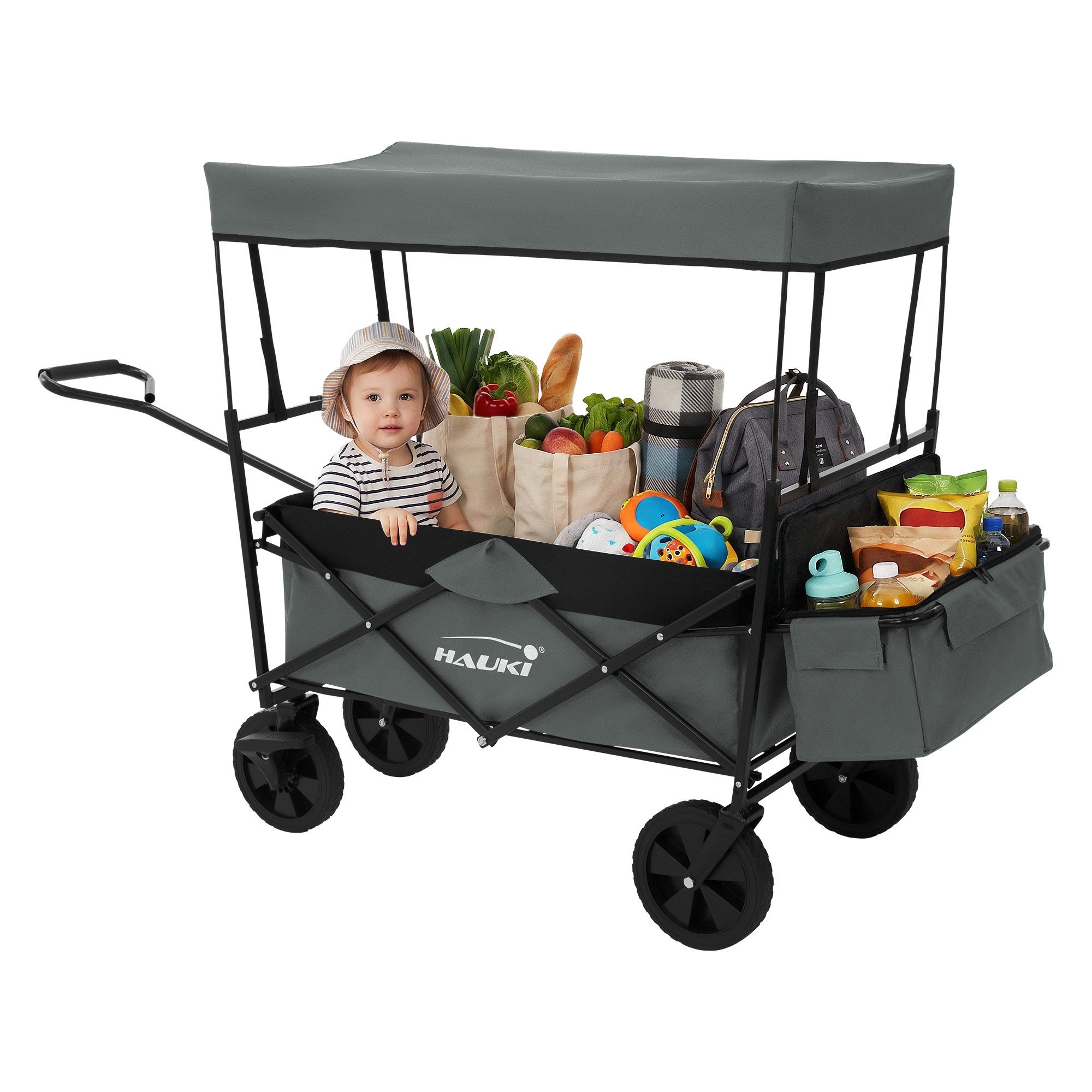 Hauki Bollerwagen Handwagen Transportwagen faltbar klappbar mit Bremse Dach und Tasche, Gerätewagen Grau für Kinder Strand Picknick Camping Garten bis 80kg