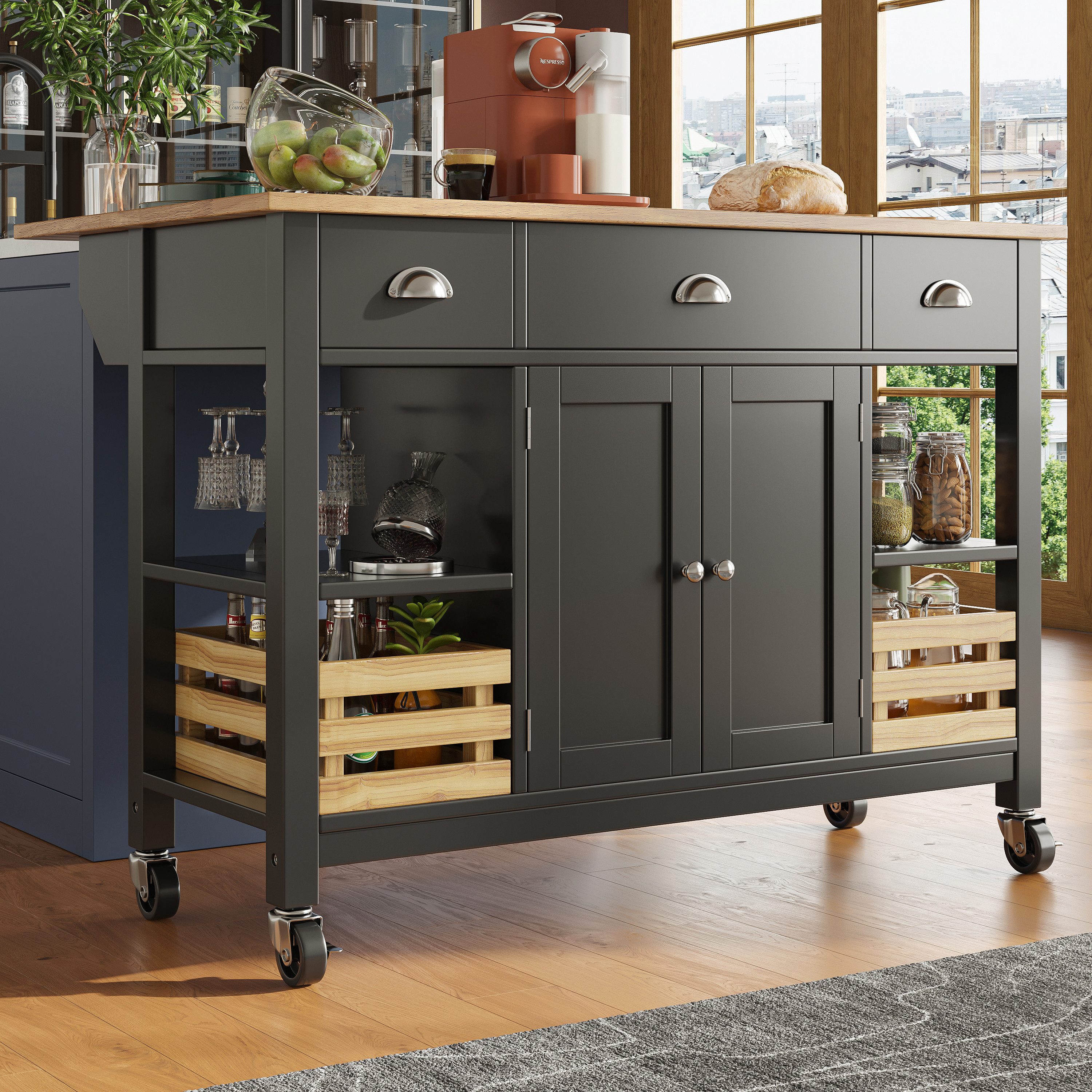 i@home Kücheninsel Küchenschrank, Essschrank, Esszimmerwage,360 Grad drehbare Räder, (Bis 60 kg belastbar, 2 Schiebetüren und 2 Schubladen,120×45×90cm), Multifunktions-Esstisch mit Kiefernkorb Aufbewahrungskorb, schwarz