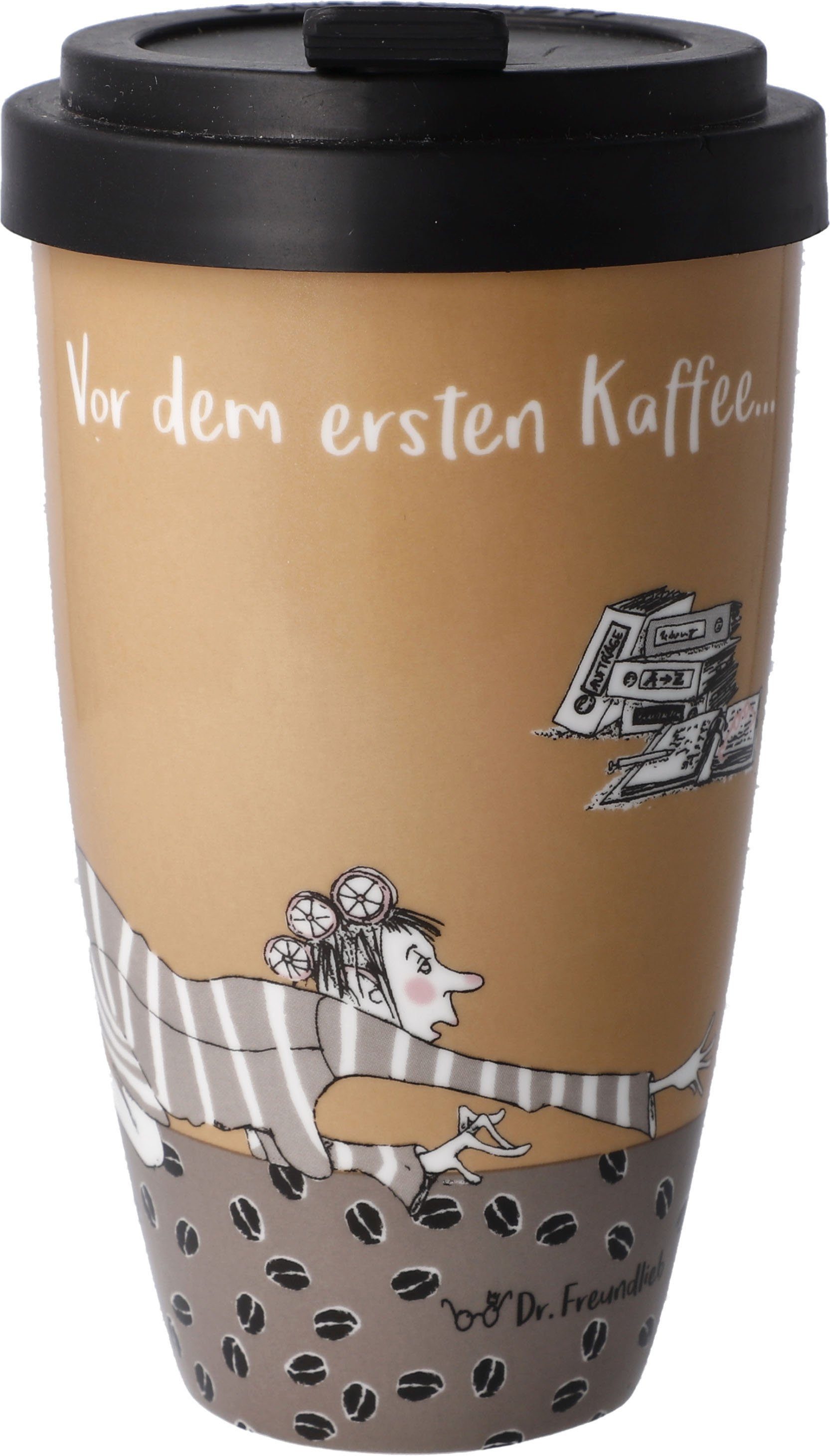Goebel Coffee-to-go-Becher Barbara Freundlieb - "Vor dem ersten Kaffee",  Fine China-Porzellan, Kunststoff, aus Porzellan mit abnehmbarem Deckel, 500  ml