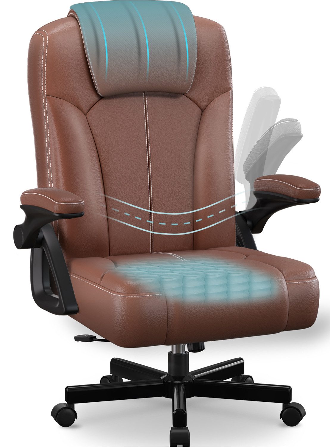 Homimaster Bürostuhl Ergonomischer Bürostuhl mit 90° Klapparmlehnen (Verstellbare Rückenlehne & hoher Sitzkomfort, Schreibtischstuhl mit 90-120° Neigungsfunktion & Lendenwirbelstütze), bis 150 kg belastbar