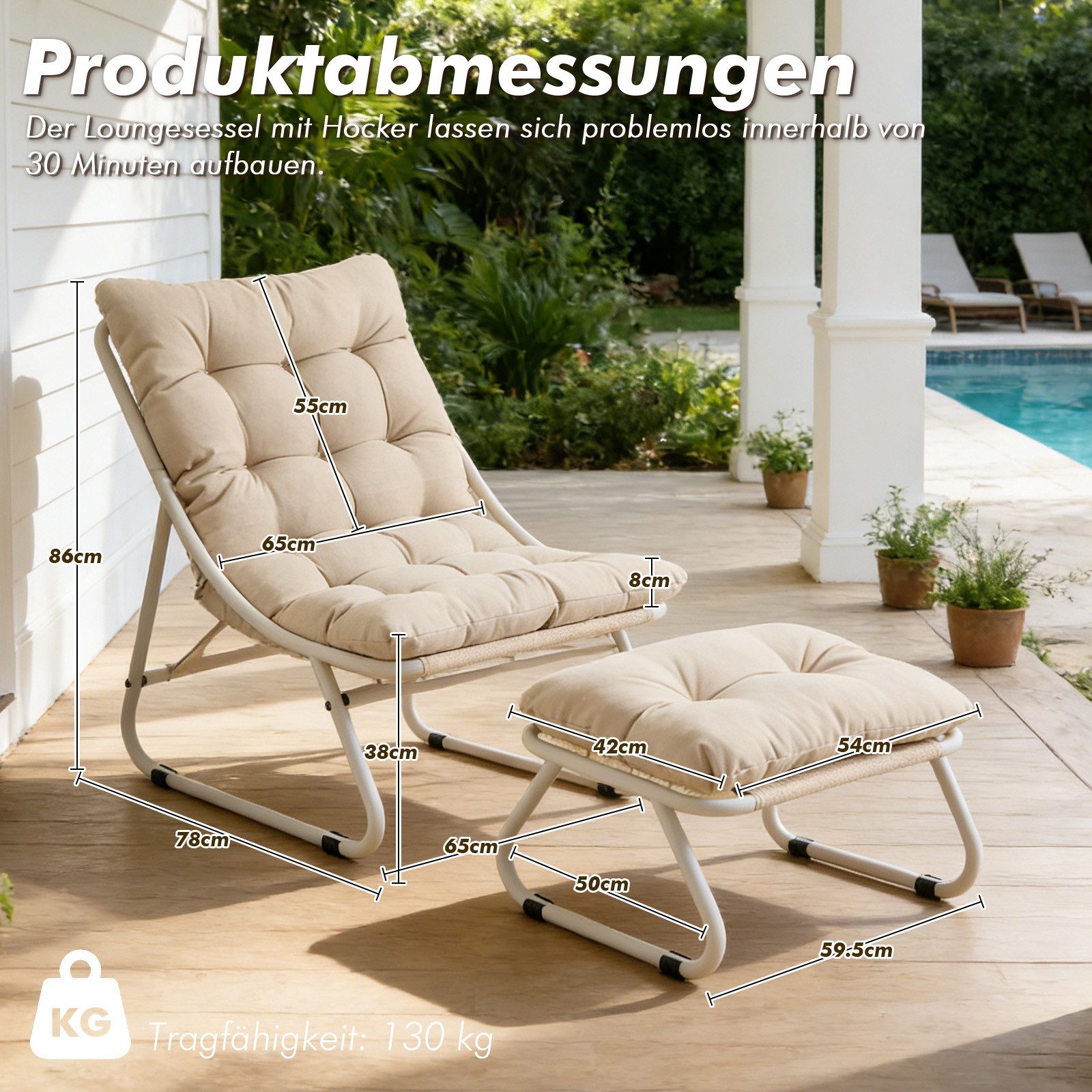 LVHOM Loungesessel mit Hocker, wasserdichtem Stahlrahmen, ergonomisch, für In-/Outdoor (Relaxsessel, bequeme Sitzfläche, Hocker als temporärer Sitz/Schuhwechselbank, rutschfestes Design, rostfreier Metallrahmen, Tragfähigkeit 130 kg), für Garten, Balkon, Wohnzimmer, Schlafzimmer, Arbeitszimmer, Innenhöfe