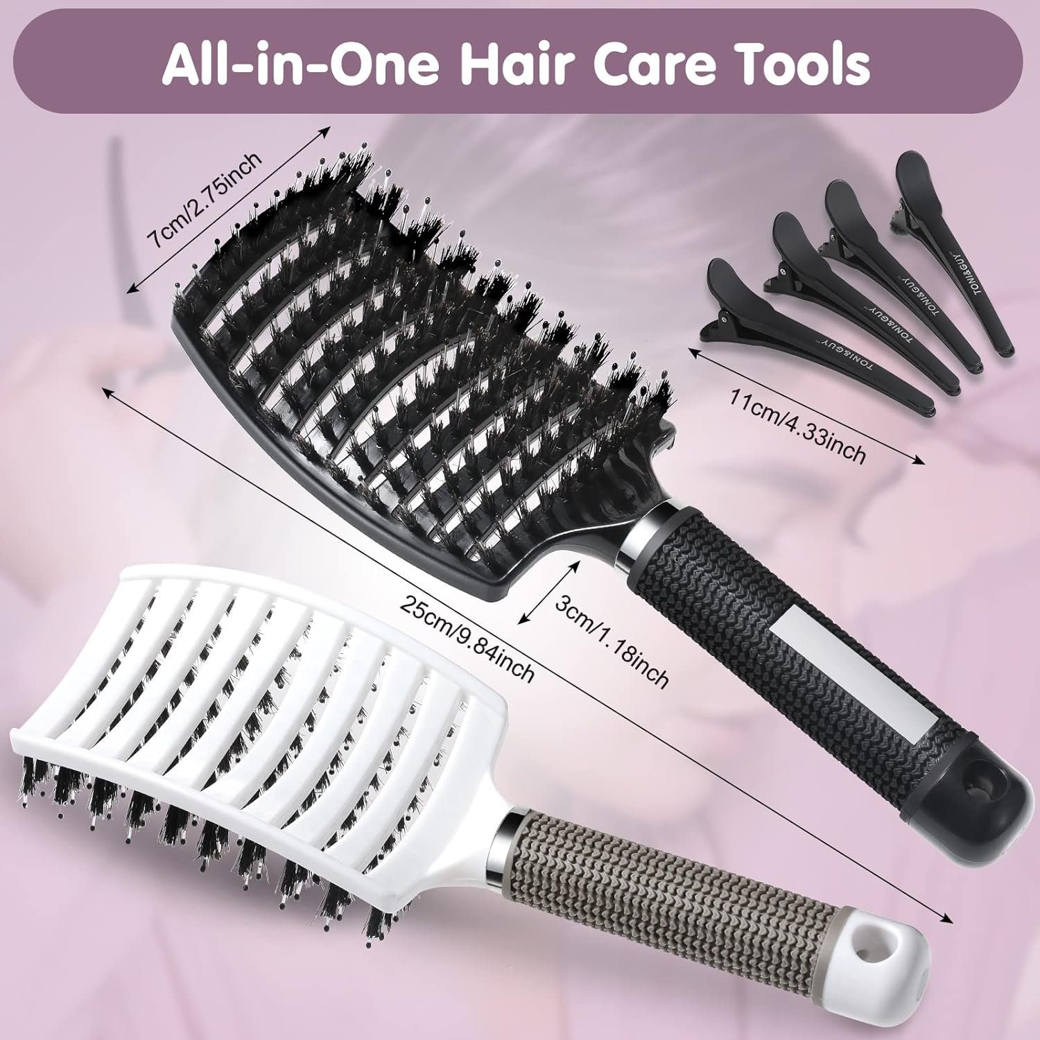 XDeer Haarbürsten-Set mit Wildschweinborsten, schwarz+weiß Haarbürste Entwirrbürste Haar gebogene 4 Ziepen Klammer Haarbürste belüftete ohne mit 2x und